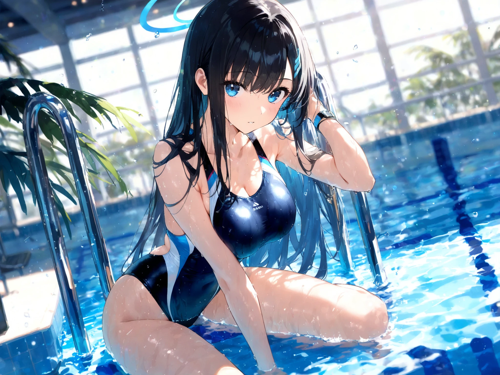 ((2D Beautiful Girl、highest quality、Perfect Finger 1.3、Perfect Anatomy 1.3、Very delicate and beautiful illustration))、pretty girl、(Conversion Sequence)、((Swimwear))、14 years、Slender beautiful girl、Fractal Art、Baby Face、((Straight Long Hair))、Big droopy eyes、Laughter、Full-body display、（1 person）、Long sleeve、School swimming pool、Are standing、