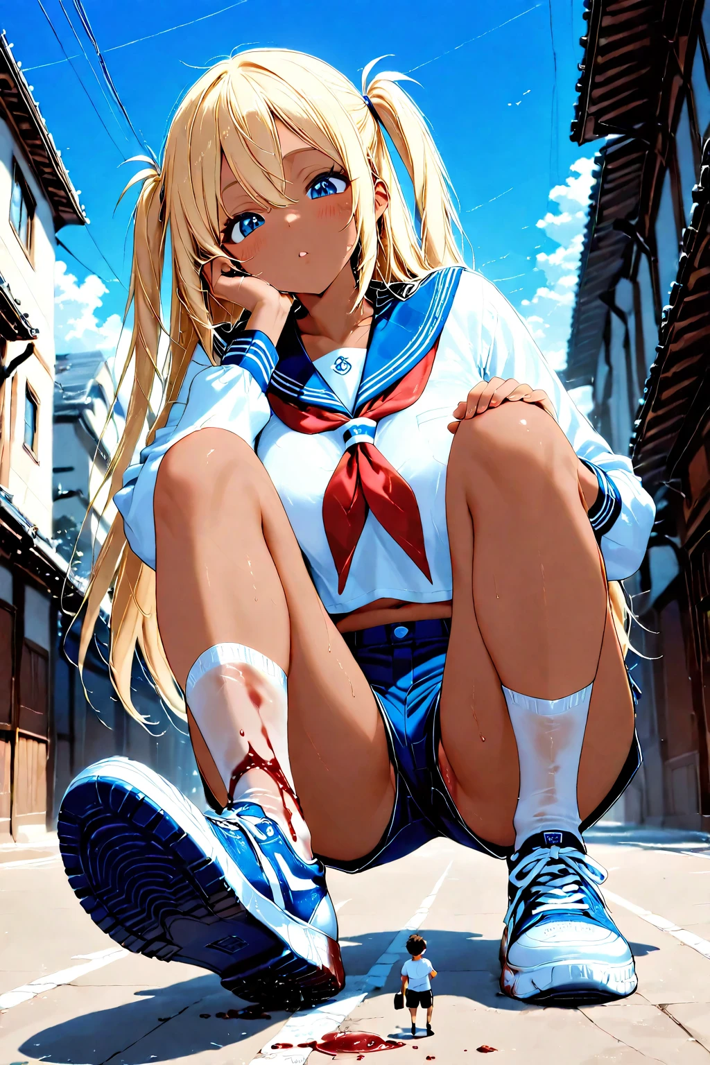 masterpiece, best quality, ultra detailed,1 girl , long hair, twin tails, tanned gal, sitting, spread legs, camel toe, panties,