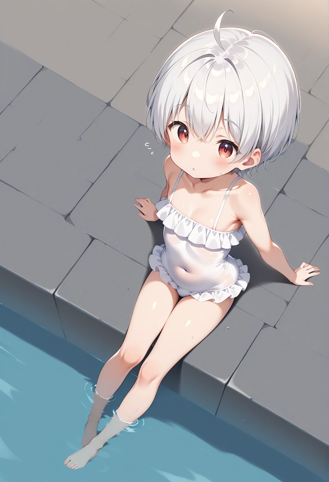 A delicate little loli，White hair，Wearing a white bikini，Pose your legs in an M shape，squatting on the ground，The shape of underwear can be seen in underwear wet with water，The upper body clothes slipped off，cute cute