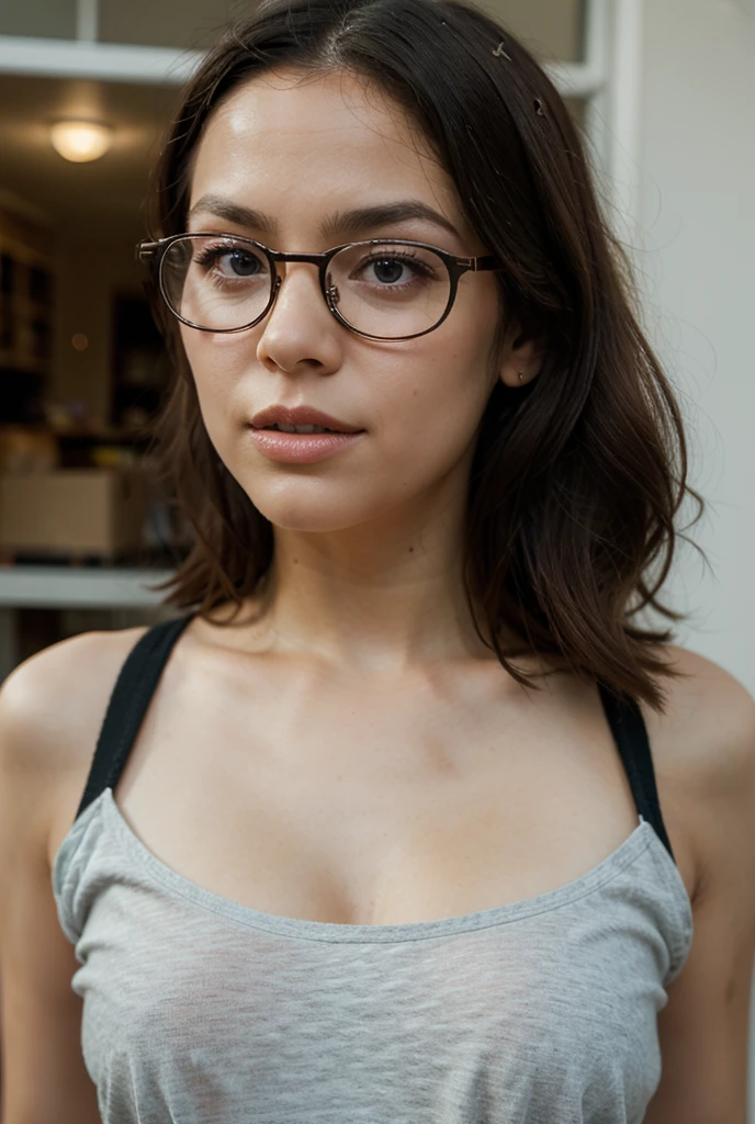 (YES SFW), Realistic, Highest quality, Highest quality, Ultra-high resolution, RAW Photos, Realistic, Bright lighting, Face Light, Smooth Professional Lighting, Looking into the camera, alone, Adult female, Beautiful woman, Super Beauty, Realistic skin, Moisturized Skin, Realistic eyes and faces, Perfect model body shape, Beautiful Eyes, Big eyes, Inconspicuous tear bags, slim, small Breasts, Very good, No makeup, Beautiful fingers, Very short hair, brown hair, brown eye, seems to be happy、(Both ears are hidden by hair), (Pink frame glasses), Biomechanical, red lace torn lingerie, Sensual red Lingerie, collared, (cowboy shot), masterpiece, red bra, realistic hands. [The character is surrounded by mist, evoking a mysterious and eerie atmosphere. The lighting is dark and atmospheric, with smoke adding a touch of sinister ambiance. Best quality image, HDR enhancement, showcasing the utmost level of detail and realism, full body shot:1.5]. [8K, Best Quality, Ultra High Resolution, (highly detailed CG unity 8k wallpaper), (best photo), (best shadows), isometric 3D, octane rendering, ray tracing, highly detailed, (Best quality, 4K, 8k:1.2), absurdity, ultra detailed, (realistic, photorealistic, photorealistic:1.37), complex parts, HDR, (complex parts:1.12), (hyper detailed, hyper realistic, Soft lighting, spicy:1.2), (complex parts, Hyper detailed:1.15). Blurred foreground. (backlit), masterpiece, high quality, brightness, chromatic aberration, foggy smoke, shadows, contrast, clear sky, (warm hue, warm tone), high details, natural reflections]. (YES SFW)