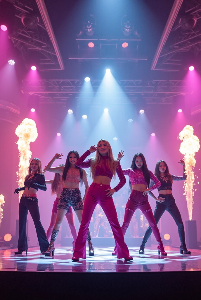 pussy zoom,multi angle,realistic,8k,Beautiful multiple dark hiphop asian dance team girls, rock dancers estilo love dance team live, dancing and singing for her fans at the stadium