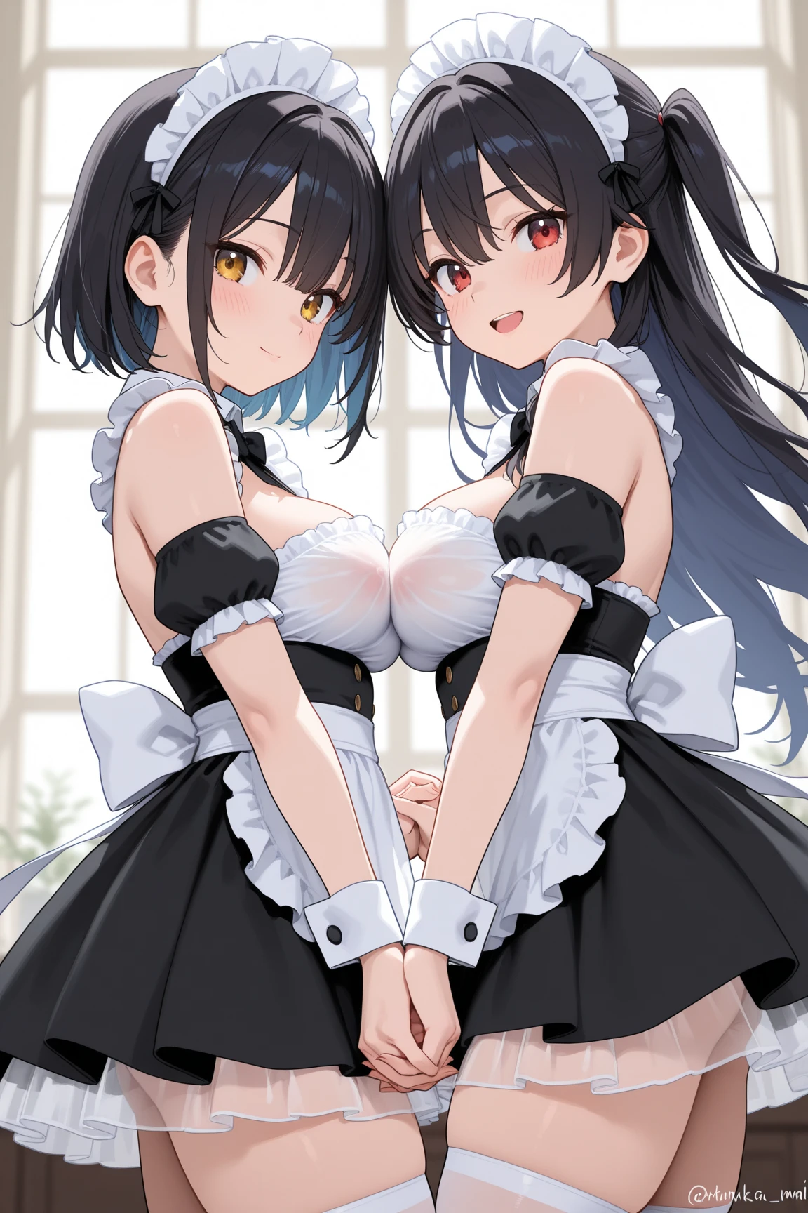 nsfw, 2 girls, twins, cat maids, ((detailed eyes)), ((bright eyes)) ((maid one, first girl, long white hair, white cat ears, red and blue heterochromatic eye)) ((maid two, second girl, long black hair, black cat ears, yellow and blue heterochromatic eye)) ((maids, maids headband)), ((visible breasts, huge breasts, exposed breasts, visible nipples , exposed nipples, topless), serious expression, looking at viewer, blushing, room, white gloves, white stockings, white apron, black maid clothing.