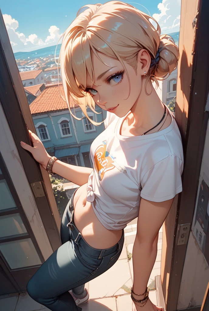 (masterpiece, best quality:1.2), full body shot, solo, Android 18 from Dragon Ball, collarbone, cleavage, ((slip-on one-shoulder crop top)), (light gray top:1.2), no jacket, midriff-baring, navel, (short shorts with one button undone), strings of thong underwear slightly visible, small breasts, short blonde hair loose, ((blue eyes)), ((wearing glasses)), earrings on earlobes, slender feminine figure, narrow waistline, skinny body, (plane black cap), (cap without logo), beach sandals, sunlight, head tilt, looking at viewer, light blush, arm between legs, wariza, the Louvre, outside, natural lighting and shadows, blur background, 4K