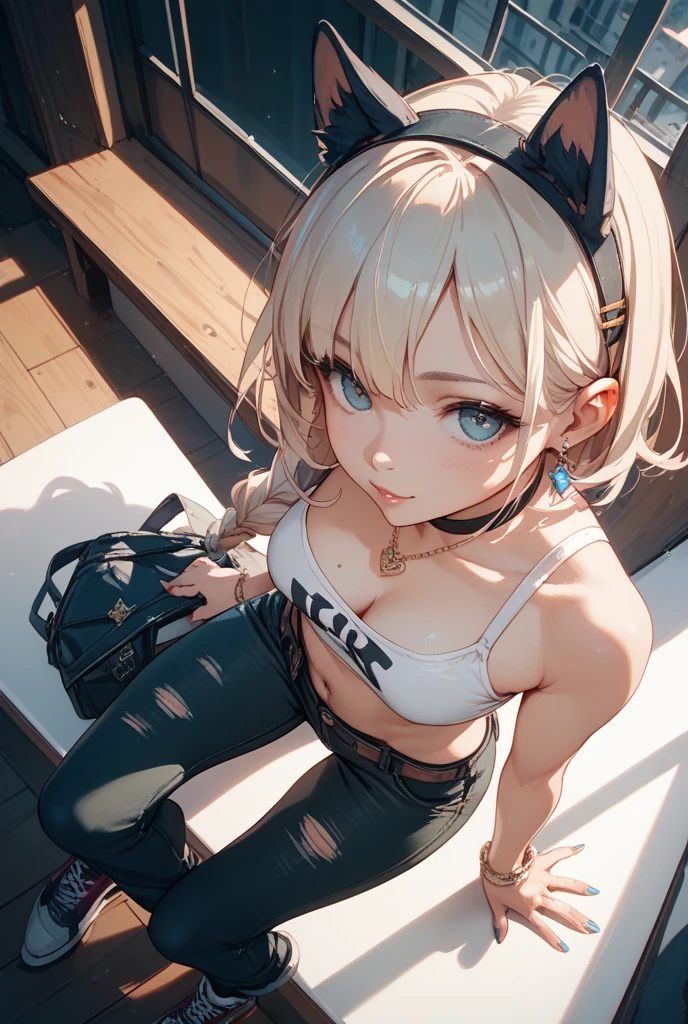 Headphones, red cheeks, detailed details (face, eyes, eyebrows, eyelashes) official art, masterpiece, highest quality, portrait photo of one girl, 14-year-old girl, wearing a cat girl(bikini,silver color, metallic, ) 8k, blonde, short hair, high resolution, ( butt:1.2)(headphones:1.2), (excellent rendering, stands out in its class), (great detail, good lighting, wide angle), breasts (0.5), plump thighs, absolute area, detailed background,