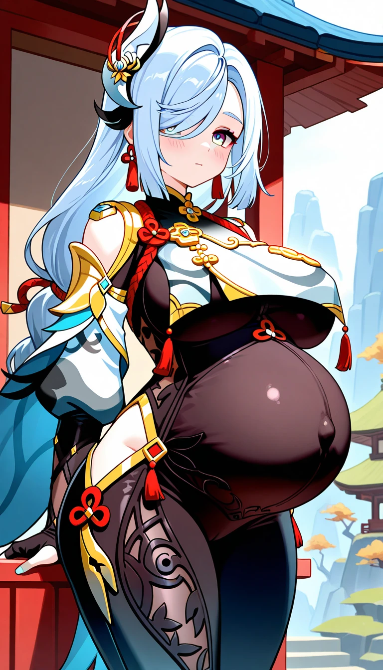 score_9, score_8_up, score_7_up, uncensored, source_anime, 1girl, <lora:spsaggyBellyXLPony-000010:1> saggy belly, big belly,  <lora:suzuka_AustismConfetti_v03:1> suzuka hime, 1girl, forehead horn, yellow eyes, blue hair, slit pupils, hair bell, very long hair, hime cut, sidelocks, pointy ears, midriff, forehead mark, strapless, long sleeves, white legwear, tabi, hip vent, ahoge, blue dress, flat chest