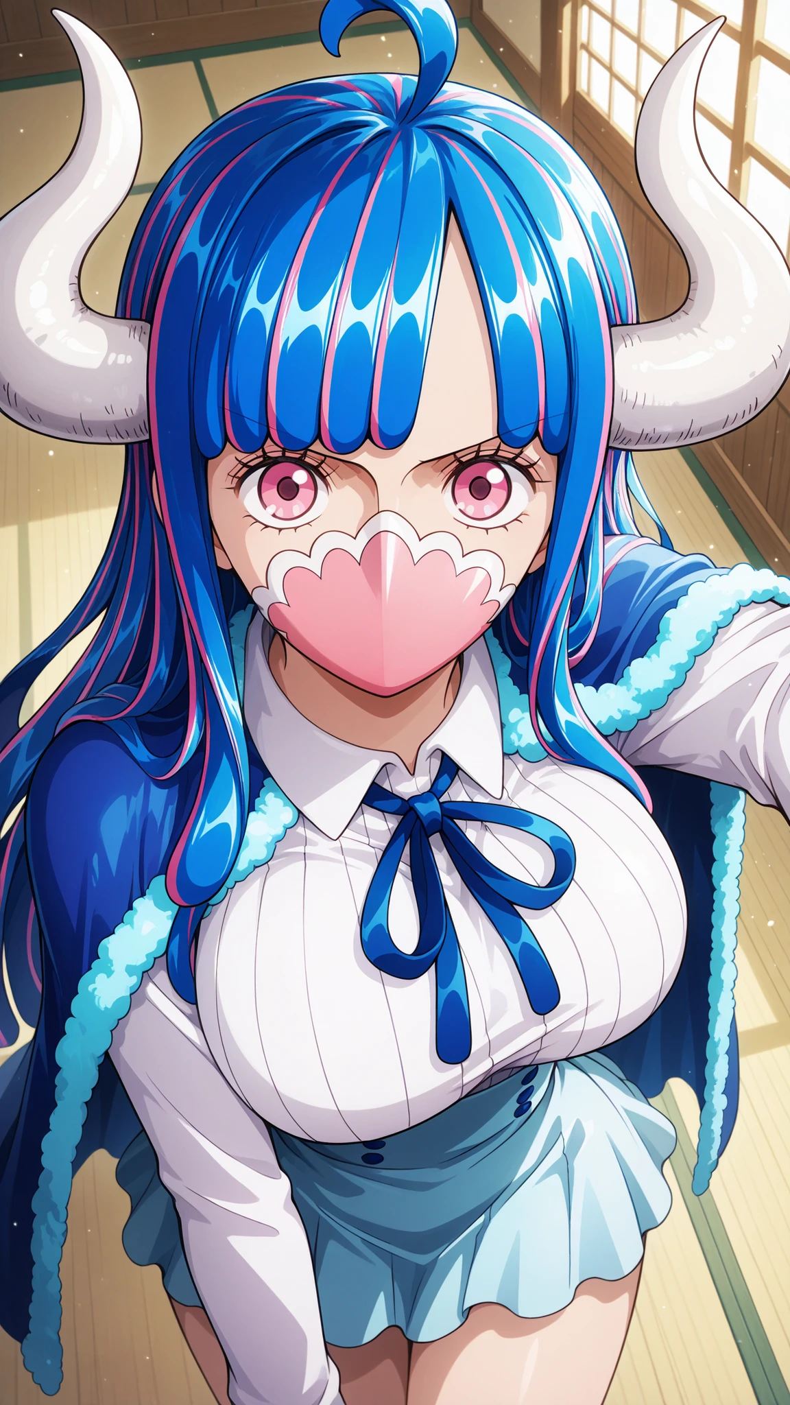 ulti,one piece
High quality , best quality , masterpiece, High Resolution , detailed face( LoRA: ulti),anatomically correct, detailed hair Style( LoRA: ulti),anime Coloring
solo, 1 girl,
long hair, multicolored hair, blue hair, ahoge, white horns, pink eyes, mouth mask, pink mask, large breasts,
blue cape, neck ribbon, ribbed shirt, white shirt, long sleeves, high-waist skirt, blue skirt,
looking at viewer , close-up,from above
, Japanese-style room
,smile