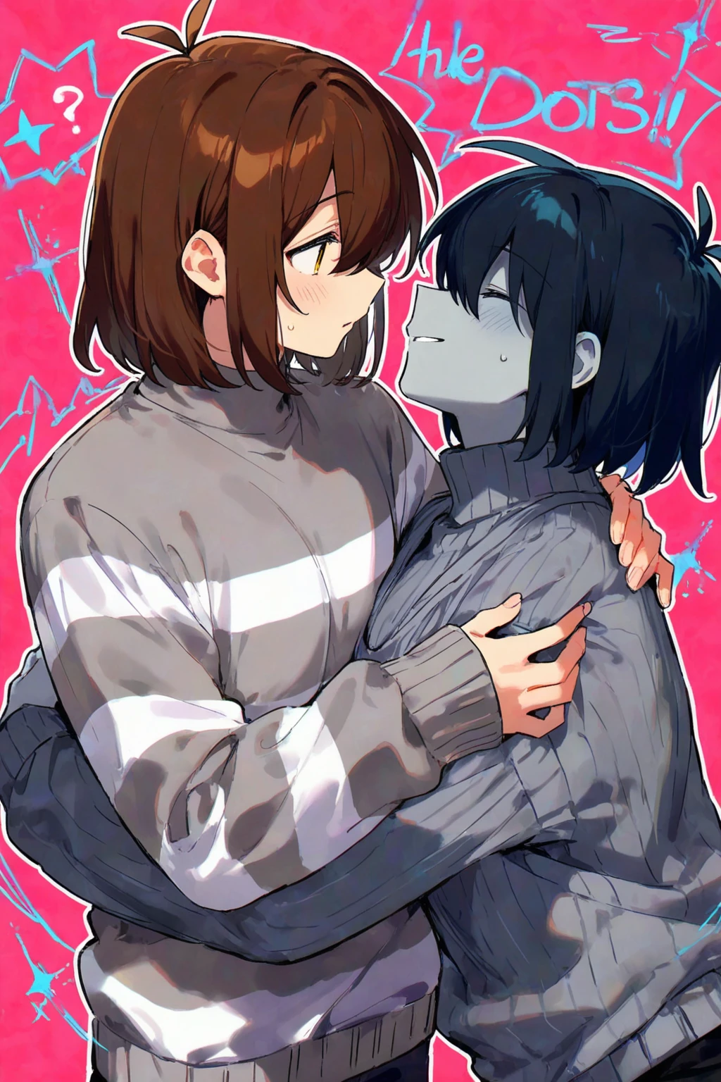 (best quality), long-haired lesbian girls with closed eyes, evil smile in camouflage sweaters and camouflage pants, hugging and kissing, night, dark side, lesbian life, passionate love