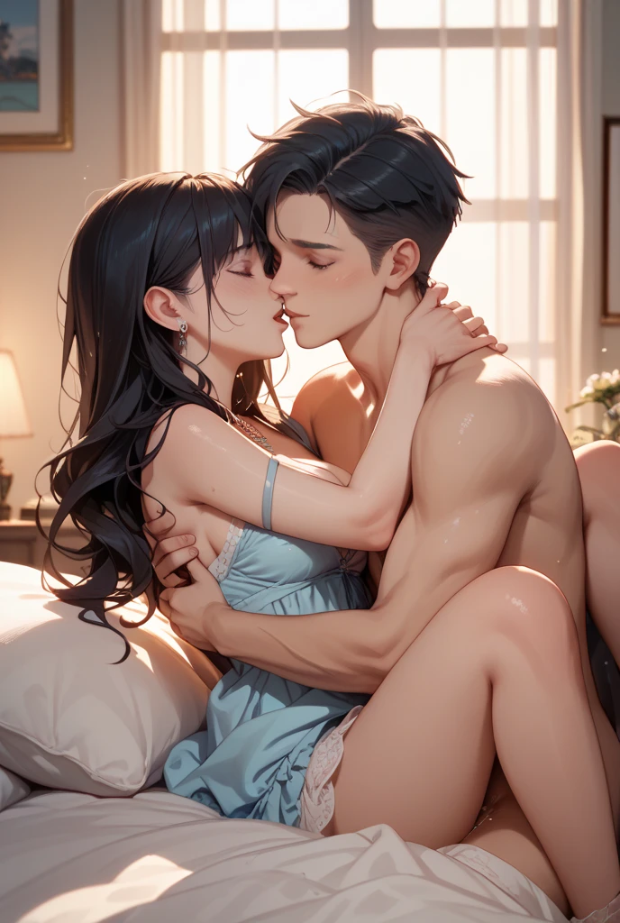 ((Top Quality, 8k, Masterpiece: 1.3)), girls and boy, sexy, ((short golden hair)),(golden eyes), (long black hair and blue eyes), Ultra detailed face, detailed eyes, double eyelids, Selfie, (body builder:0.8),(beautiful small hard nipple:1.5,on the bed,(shiny skin:1.2),(lie down:0.8),(gorgeous jewels:1.2),necklace, (boy kissing with his girlfriend :1.3),(she hugging with her girlfriend:1.3),(naked girlfriend hagging from her behind:1.5),(satisfied face with eye closed:1.3),(naked:1.2),big round breasts, very erotic