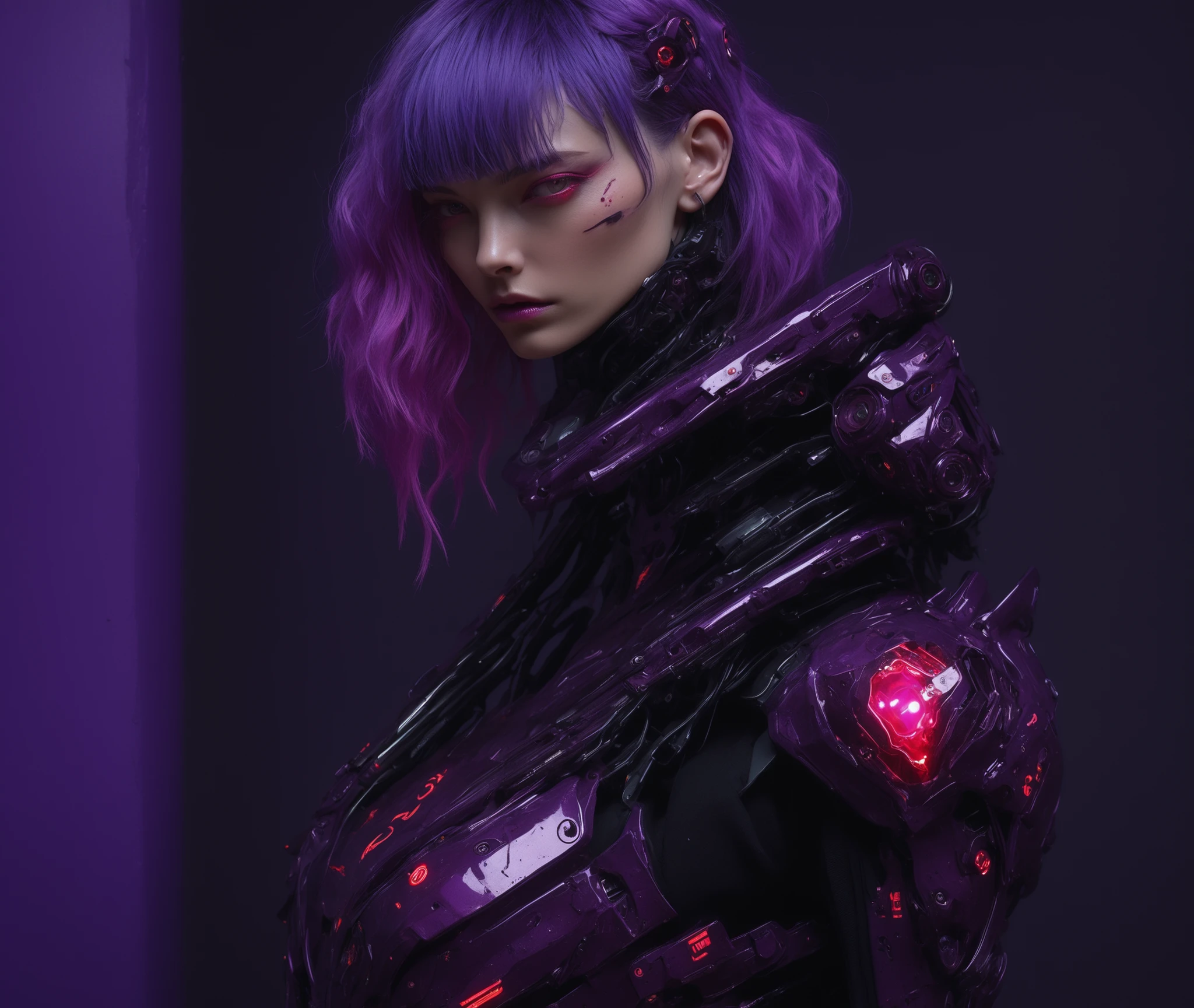 mecha, robot, armor, bodysuit, mechanical arms, science fiction, no humans,CyberEvelyn, 1girl, blue hair, short hair, green eyes, bl funny epic x ray wallpaper, with accidic vibe, vibrant epic Uhd red light RAYS 1.0 1.0 effects hd 1.0 , toxic pink, red, bone colors. , upper face war paint in red black ,right arm shiny cybernetic hyperdetailed johny silverhand style implant 1.0 , black thorn slaveless t shirt,red tatoos, throat red implant, red long wet latex geometric pattern yoga leggins with cotton grey mix 1.0, camel toe, charming laugh ,blushed, detailed eyes 1.0 detailed face 1.0 , black lips, .Cute face hair cut short at sides with tatoo and cybernetic processor implant, detailed mouth 1.0 , The clothing appears rugged and distressed, 1.0 HDR purple electrics aplied on the cybernetic arm UHD 1.0 NO BLUE! 1. Subject: exquisite face, knowing smirk, captivating mysterious gaze, short vibrant purple hair with long bangs obscuring one eye, Body: perfect alluring figure, flawless anatomy.tactical khaki pouches with gameboy like red screen with pacman behind H
(Visual Effects)
cigaretteの流れが左右対称に分かれる, Xu々brightens up, キャラ登場後にthunderがピリピリ, Red lightning scatters, enveloping the entire screen., Strong Contrast between Light and Shadow, Motion blur and a shaking camera are also OK.
(characters)
A pink-haired warrior with cat ears, A precise mechanical arm extends from the character's back., His eyes are golden and shining sharply, The character poses to land like a cat., As soon as the character appears, he has an overwhelming presence., His clothes and hair flutter slightly
(effect)
cigarette, thunder, Red light, spotlight, Vibrations of Energy, The background is dyed red
(Tone/atmosphere)
Dark hero-like, A turtle with both strength and mystery, The blood-like red and the coldness of the machine coexist., A performance that starts off silent but instantly increases the sense of tension., At the end, the character strikes a pose and looks at the camera.