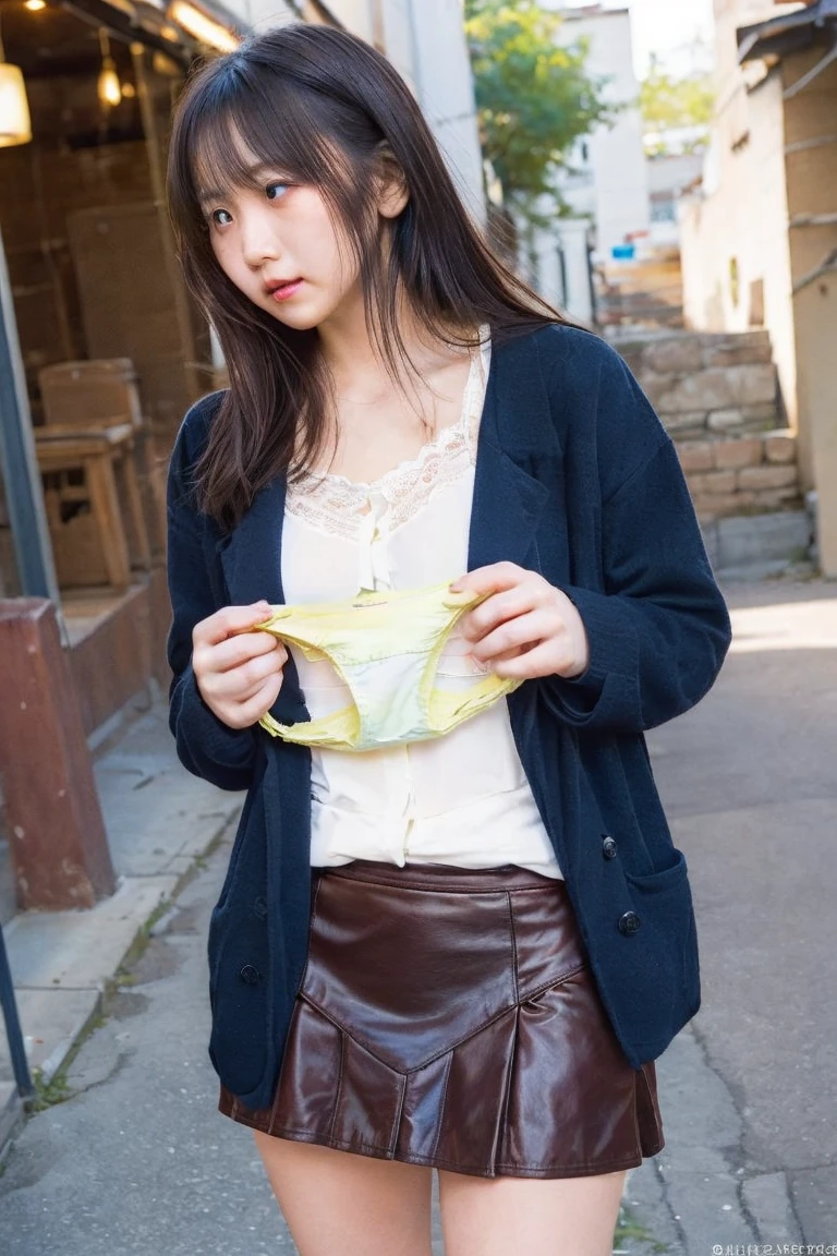 ((High-definition images, masterpiece, atmospheric perspective, 8K, Super detailed, Accurate, highest quality, single shot)), (casual style), Jacket, unbuttoned shirt, swollen areole, (round face, realistic eye size, droopy eyes, blush, smile), (((legs to head ))), (in the night), blonde hair, small earrings, thin necklace, (light makeup), mini skirt、hand in panties、白いパンティー