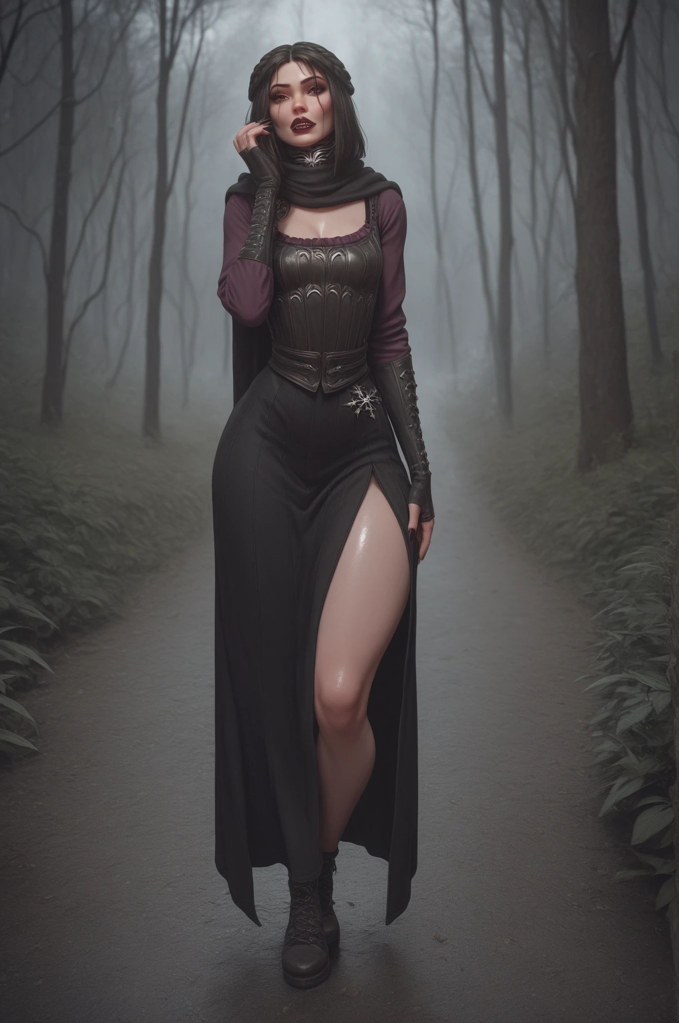 A beautiful girl, Idol k-pop face, cute face, braid hair, intricate face details, detailed face, golden ratio face, super big breasts, big butt, big hip, big thighs, iricate hands, intricate feets, full body, 64K, UHD, HDR, global illumination, high quality, high detailed, hyper detailed, extremely detailed, photo realistic, ultra realistic, art photo, clarify the details, detailed parts body, intricate artwork masterpiece, trending on artstation, wearing witch outfit with black cloak, long socks, old and mistery house background, standing and posing sexy