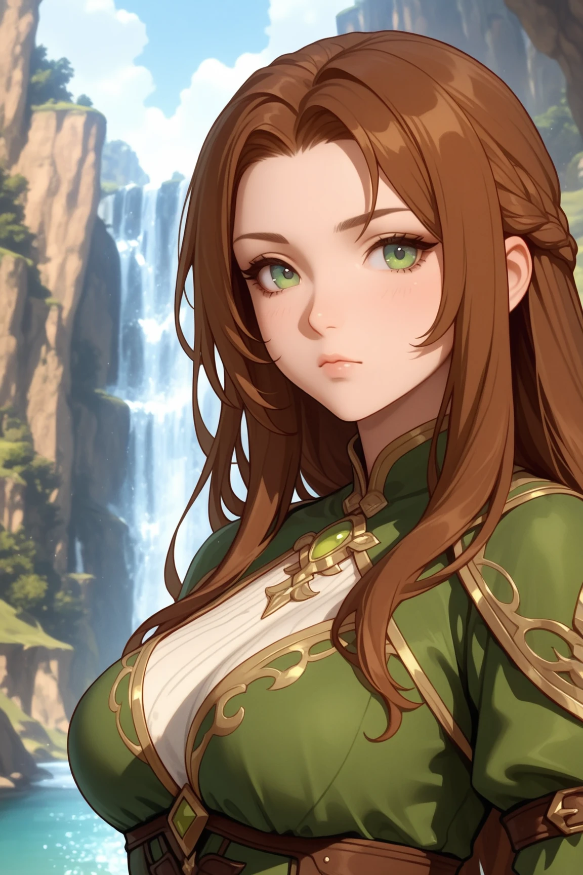 bust up,portrait, sua, long hair, csr style,green eyes, brown hair, very long hair, large breasts, white shirt crop top,mid rif, green skirt, hair ornament, moutains background, <lora:cutesexyrobutts_v2:0.8>