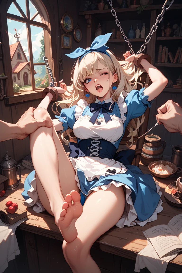 piperBS, blonde hair, hair bun, blue dress, puffy sleeves, short sleeves, pink gloves, fingerless gloves, pink belt, shoes, blue footwear, (((gaggedc with a fine ball gag:1.4))), cute and blushing 18 years old anime girl, look away because she is embarrassed and blushes, bright blue eyes, detailed face, detailed members, detailed arms, Girl lying, tied by ropes, shackled, can no longer move, tied tightly, very hard tied up with lots of ropes, hampered by so many ropes that she can no longer move, bound hands and feet, ropes tie his whole body, tied extremely tightly and forcefully to her bed by a lot of ropes, its limbs are strongly tied together by ropes, his torso is tied up with thick cords, her chest is so tied up with ropes that it sticks out, her legs are tied tightly with thick ropes, his hands are tied behind his back with ropes, she can no longer move her feet, her hands which are tied by thick ropes, she desperately tries to free herself, likes to be tied tight with big ropes, likes to be immobilized by big ropes, lying down, his hands and feet are strongly tied to the railing of his bed, his legs are pressed together and tied with ropes, its limbs are held vigorously by imposing ropes, her hands are tied securely behind her back by ropes, her chest is compressed by strong ropes, she is pressed against her bed and restrained by large ropes, (shibari, arms behind the back:1.4), (hands on the back), (masterpiece, best quality) 1.5, 1girl, solo, (sexy, beautiful woman, perfect face, perfect eyes, perfect hands), samus aran, (hands on the back), Spread the legs, s' ((lie in bed by big ropes)), ((close up of the girl)), ((((lie in bed)))), ((((arms tied behind the back, Legs Tied,La fille est allongée sur le ventre, La fille est allongée sur le sol:1.5)))), ((((girl seen from behind:1.4)))), ((((girl lying down on her stomach:1.4)))), ((((Outstretched arms:1.5)))), ((((Detailed hands:1.5)))), ((((bedroom decor:1.4)))), ((((realistic decor:1.4))))