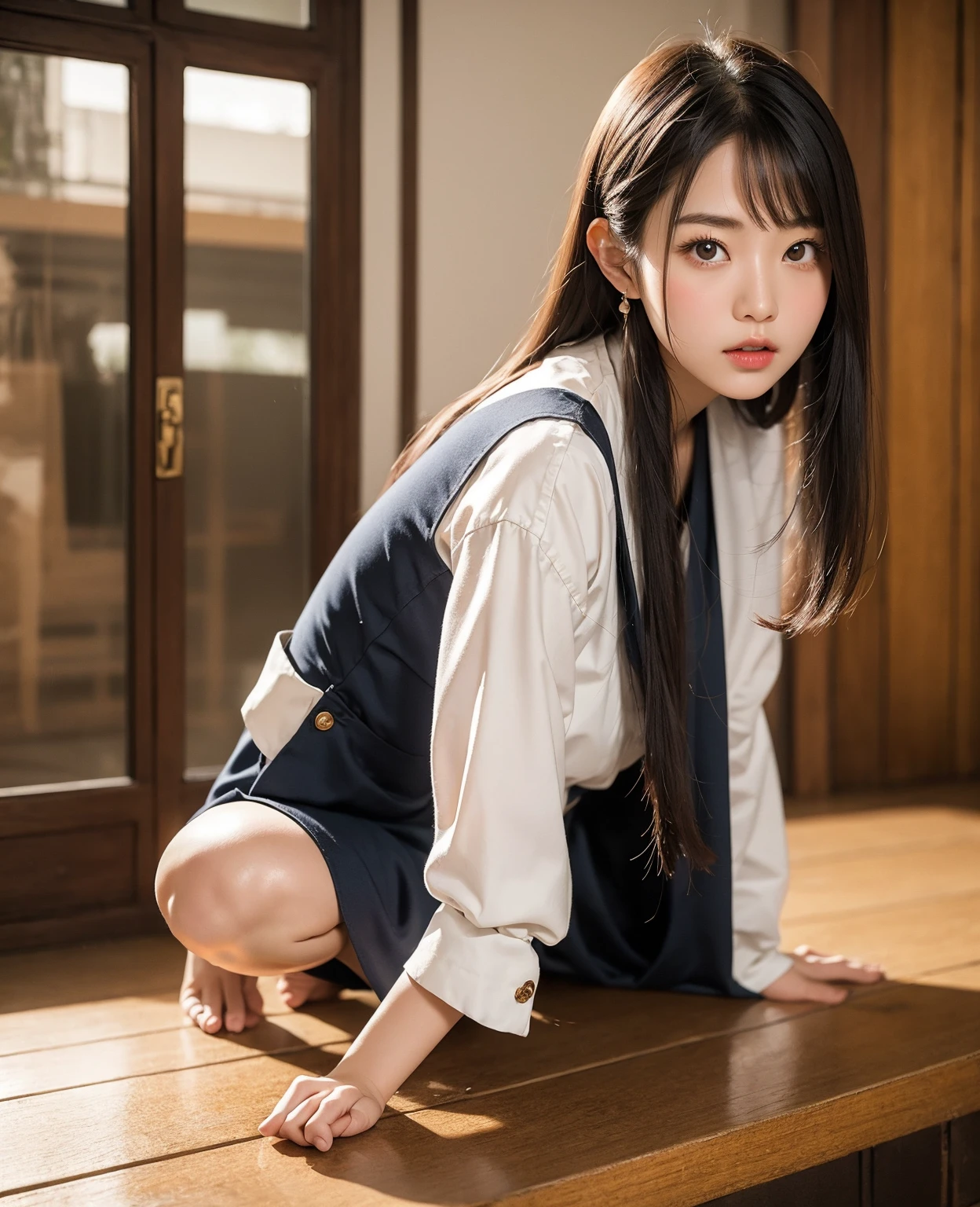((highest quality, 8K, masterpiece :1.3)), Beautiful Japanese girl in her early teens、Kung Fu Uniforms、Forced to spread her legs with restraints、Painful expression、Staring straight ahead