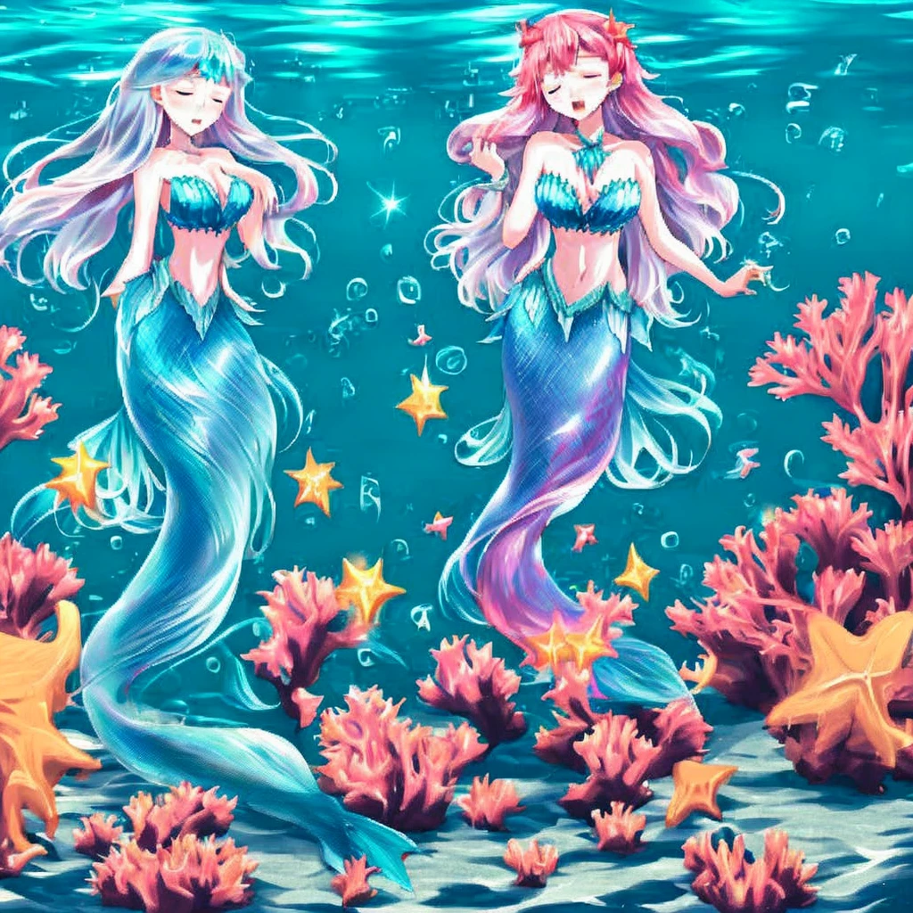 (best quality,4k,8k,highres,masterpiece:1.2),ultra-detailed, Pretty 15 years old princess magically transformed into a beautiful mermaid, race swap, fantastic transformation, none human, steampunk, fish like, wet body, surrounded by small bubbles, long mermaid tail with shimmering red fish scales below waistline, fins ears, drawn in anime style, very long red hair, sharp teeth, is smiling, pink eyes, small breast, long pelvic and dorsal fins, pair of fish gills on the torso, red shells bra, star hair ornaments, pearl earrings and bracelets, pearl necklace, hair ribbons, gold tiara, ocean depths, swimming underwater alone, joyful expression, sparkling water, water reflections, ethereal atmosphere, subtle glow, whimsical and fantastic settings, enchanting mermaid voice, examining her new body, underwater world, colorful coral reef, magical underwater lighting, vivid colors, breathing underwater, endless ocean depths, sunlight filtering through the water, Highly detailed, masterpiece, high quality, 4K.