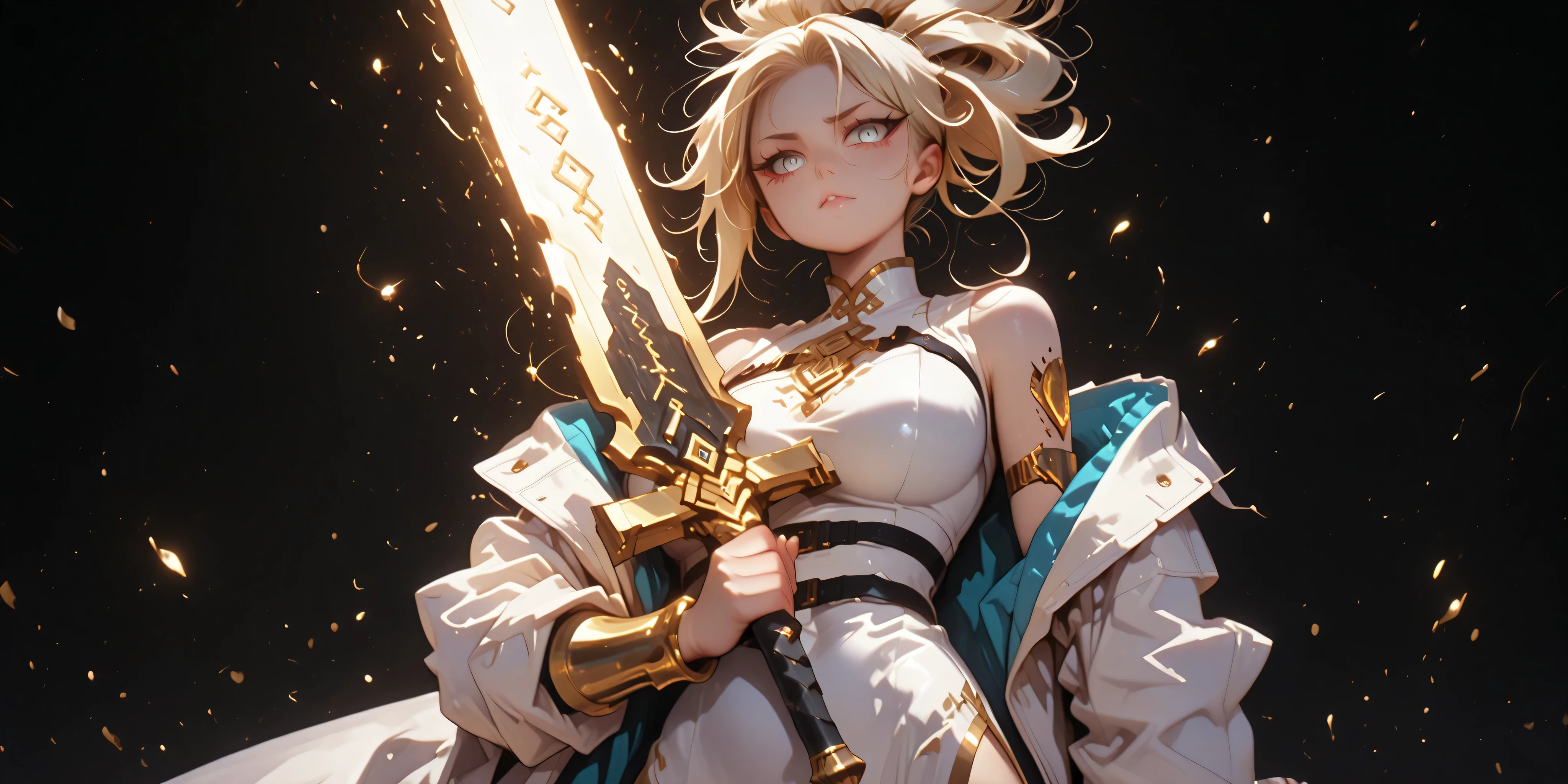 masterpiece, best quality, ultra-detailed, alone, a girl, 5'11", tall, blonde hair, slightly messy hair, long bangs covering her forehead, blue eyes, sadistic and confident expression, fair skin and youthful curves, white military coat (Dusk in the Arknights style) falling over her shoulders, white military coat with golden medals, exposed arms, wearing a long white Chinese dress with golden ornaments and cyberpunk design, sensual position, holding a black sword with a large and huge black blade, looking at the viewer, perfect , perfect hands, detailed face, detailed eyes, highly detailed hair, hair tied in a ponytail with the same design as Kefla's hair from Dragon Ball Super (but blonde), face like Sylpha Langlis from Tensei Shitara Dai Nana Ōji, silver-blue eyes, , wide , , Dusk in the Arknights style coat, coat falling down her arms, exposed shoulders,  smile, , , Wide , thin waist, black background, solo character, wearing a long white Chinese dress with golden ornaments and cyberpunk design, black hair with the same design as Kefla's hair in Dragon Ball Super.