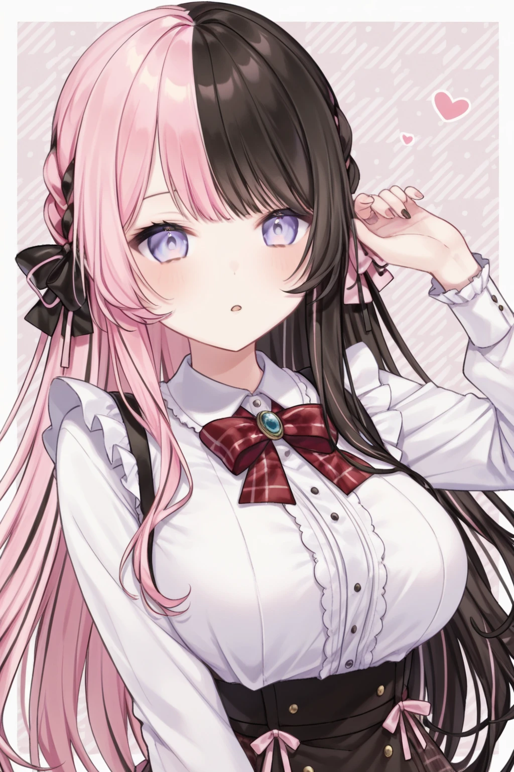 TachibanaHinano, Long hair, (split-colored hair, Black hair, Pink hair:1.3), Blue eyes, bow ribbon , White shirt, (Black bra), Pleated skirt, Miniskirt, (Best Quality, 8K, 32K, masutepiece, nffsw:1.3), 1girl in, (Abs, Slender figure, Perfect body :1.2), ((Very detailed)), (Perfectly detailed face), (Highly detailed hands), Smile, blush, White panty,up skirt,Lace panties, Girl seen from the floor, It's okay to wear a skirt, View from below, I can see my panties, cleavage cutout, Large breasts, White background,