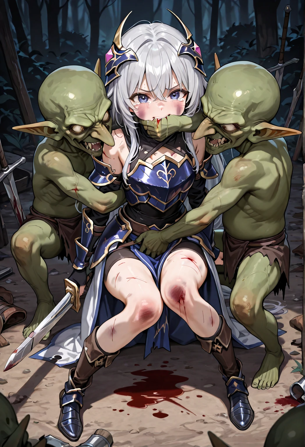 A female knight, wounded, scared face, badly torn-damaged clothes, almost naked, equipment around her, full body, defeated, bare chest , tears, cum, , laying, full body, after rape, , cum dripping from vagina, in tent, surrounded by goblins, metal armor