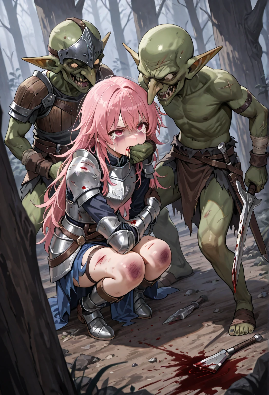 1 mature muscular woman,Age 25, Solo girl、((cave,prohibit)),((Handcuffed)),( A female paladin surrounded by multiple goblins.,Constraints:1.1),Goblin in heat,monster,(anger,cry),((Gorgeous Paladin Armor)),Spread your legs,Dynamic pose,Dynamic Angle,Camel Toe,Bare breasts、Bare pussy、Nipples are visible、((A lot of sperm:1)),Are crying、((tears:1.2)),((Girl being raped by goblins:1.4))、There are a lot of big goblins,Tabletop, highest quality, High resolution,One Girl,(Pink Hair、Huge boobs、first round、Crop top、bracelet、Bracelet、 Tabletop, highest quality, Very detailed, Focus on women, whole body, juice, Sweat、the scream is open、 cobblestone floor,Accurate limbs,((rape:1.4)),standing sex