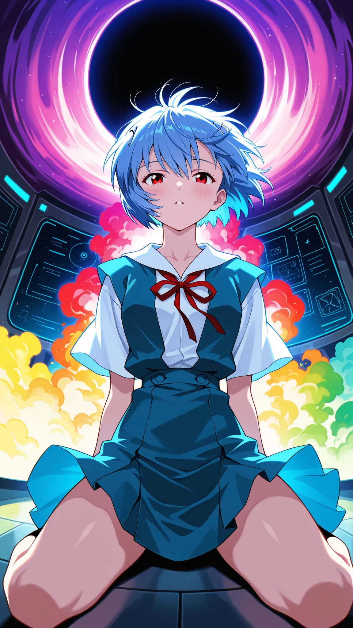 BREAK (masterpiece:1.2), best quality, high resolution, unity 8k wallpaper, (illustration:0.8), (beautiful detailed eyes:1.6),hyper saturated, surreal rave on the edge of a black hole, neon space station, strobing plasma lights, glowing clouds of cosmic dust, psychedelic color explosions, zero gravity party, floating dancers with luminous suits, holographic DJ booth, wormhole vortex in the background, chaos and beauty intertwined, glowing alien flora, deep purple and lime green tones, unreal vibes, ultra sharp focus, cinematic atmosphere, (wide angle), (vivid color grading), trending on artstation, 8k,rei ayanami, ayanami rei, blue hair, short hair, red eyes,,skirt, shirt, ribbon, school uniform, white shirt, short sleeves, red ribbon, neck ribbon, tokyo-3 middle school uniform, blush, seductive expression,floating hair,looking at viewer,cowboy shot,sitting on floor,sitting on knees,from below