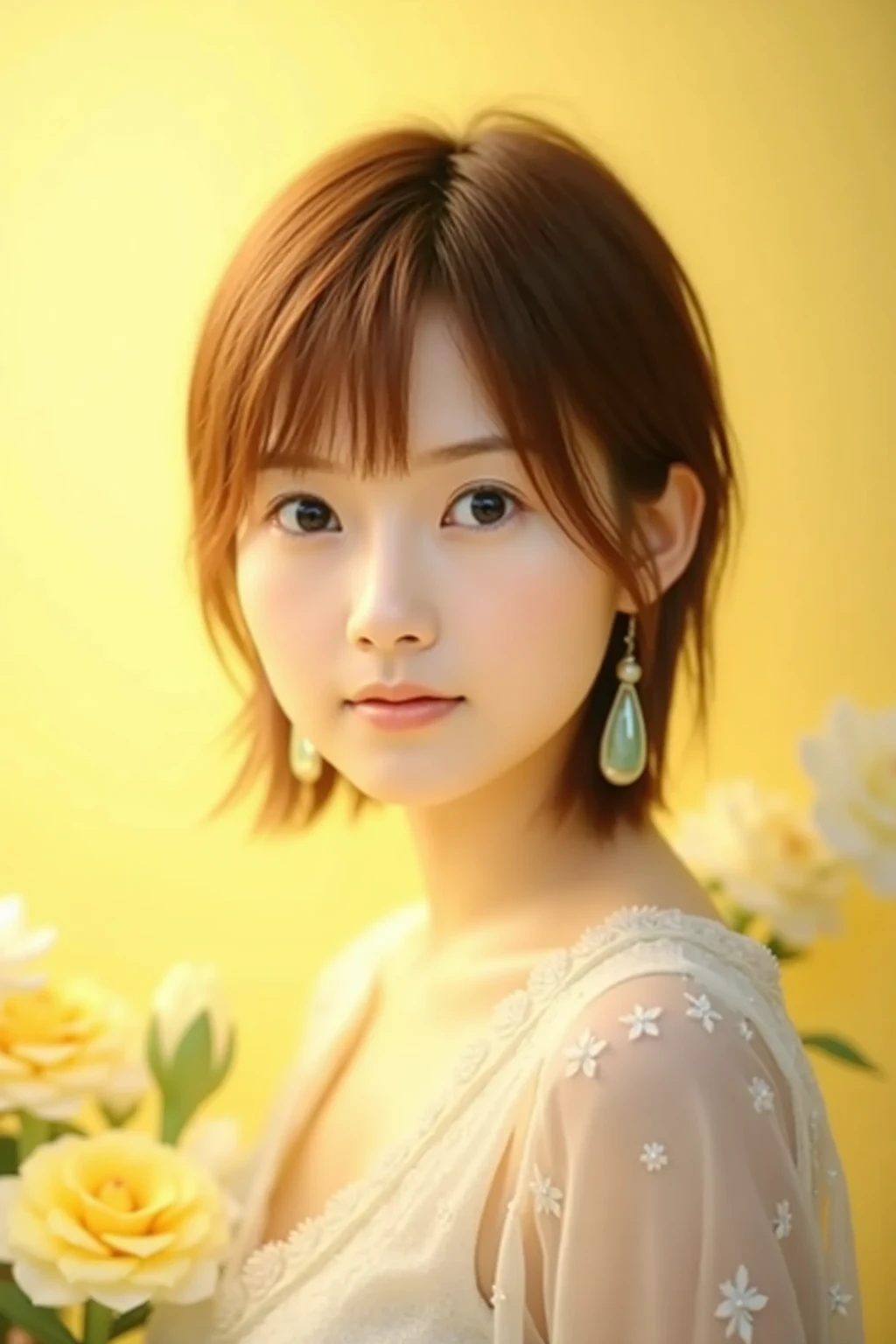 (masterpiece), (Highest quality), (High resolution),Realistic skin texture, Perfect Face, Realistic, Perfect hands, Perfect finger count, Japanese, Girl, (20-year-old), Big Eyes, Brown eyes, Brown Hair, bangs, Bun Hair, Small face, Chuckle, , (, Big, saggy boobs, ), Cute pose, Moss-covered stone wall, Sunlight filtering through the trees