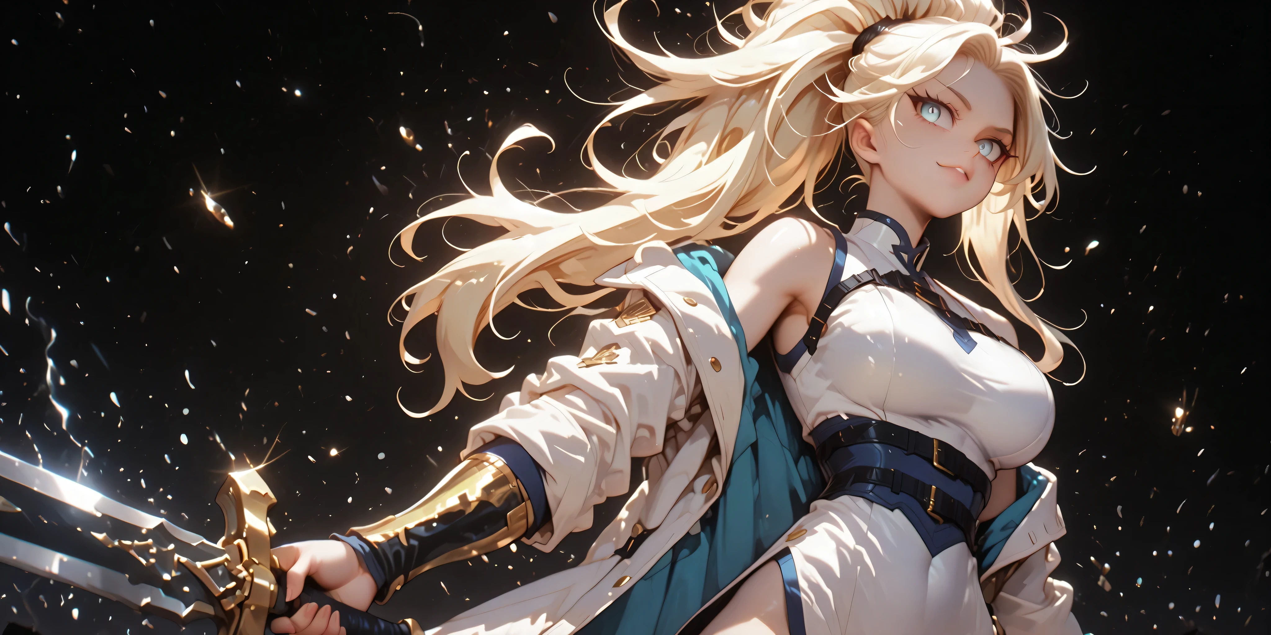 masterpiece, best quality, ultra-detailed, alone, a girl, 5'11", tall, blonde hair, slightly messy hair, long bangs covering her forehead, blue eyes, sadistic and confident expression, fair skin and youthful curves, white military coat (Dusk in the Arknights style) falling over her shoulders, white military coat with golden medals, exposed arms, wearing a long white Chinese dress with golden ornaments and cyberpunk design, sensual position, holding a black sword with a large and huge black blade, looking at the viewer, perfect , perfect hands, detailed face, detailed eyes, highly detailed hair, hair tied in a ponytail with the same design as Kefla's hair from Dragon Ball Super (but blonde), face like Sylpha Langlis from Tensei Shitara Dai Nana Ōji, silver-blue eyes, , wide , , Dusk in the Arknights style coat, coat falling down her arms, exposed shoulders,  smile, , , Wide , thin waist, black background, solo character, wearing a long white Chinese dress with golden ornaments and cyberpunk design, black hair with the same design as Kefla's hair in Dragon Ball Super, smiling confidently and sarcastically