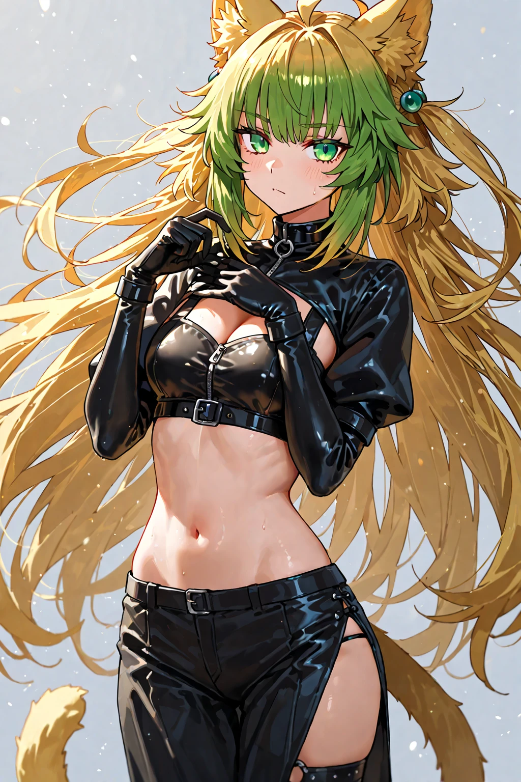 Young girl, long green hair, purple eyes, cat ears, smirk, superhero form, pants, open belly, inner sideboob, masterpiece, high quality