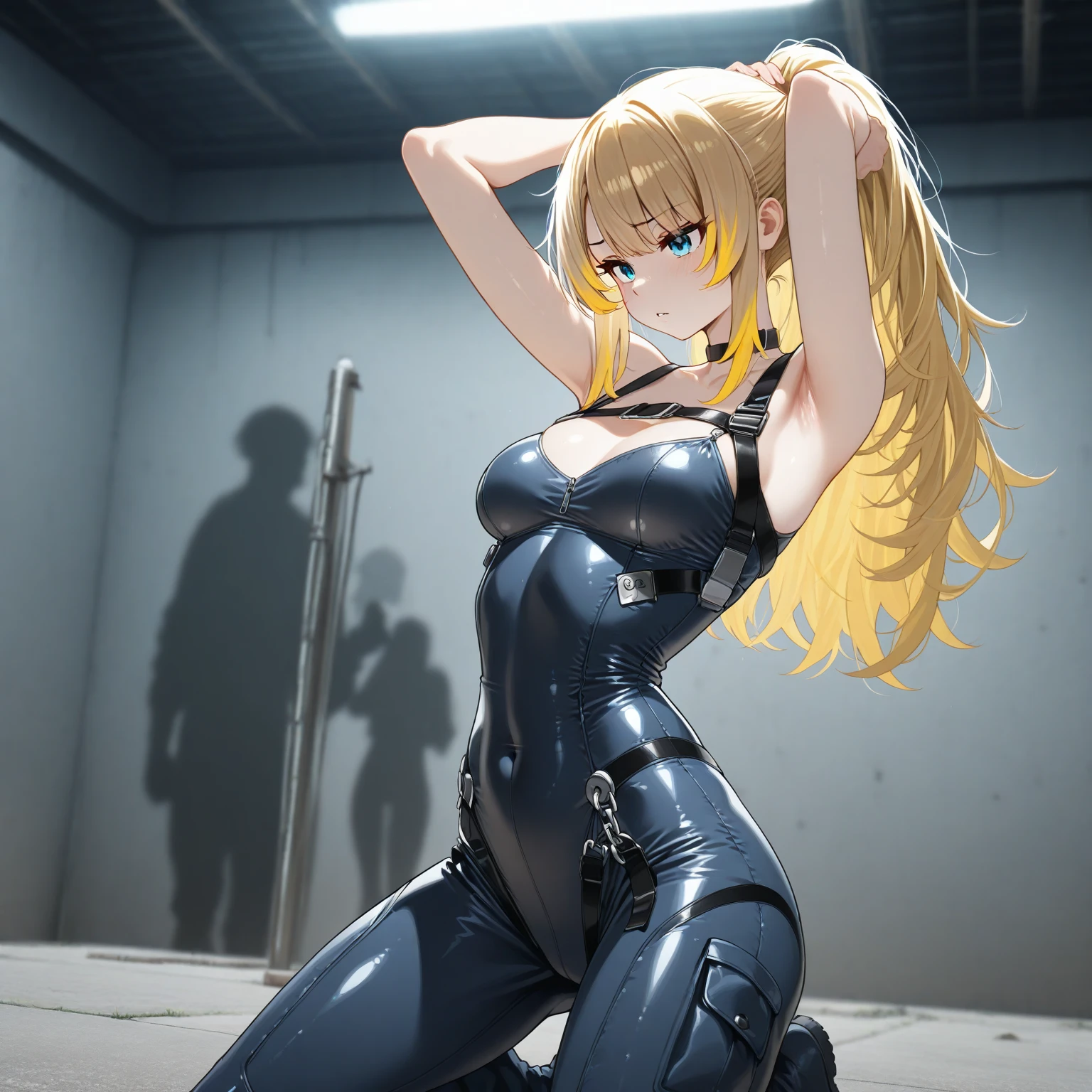 (best quality),(Masterpiece),dynamic angle,(extreme detailed illustration),(extremely detailed CG unity 8k wallpaper),amazing,Depth of field,(highly detailed),((an extremely delicate and beautiful)),((1girl)),((extremely detailed eyes and face)),detail hands,cat gril,(gradient purple eyes),slit pupils,((gradient blond long hair)),very long twin tails,(ahoge),one side up,hair between eyes,two side up,hair spread out,((hairpin)),hair ornament,((hair ribbon)),blonde hair,long twin tails,((cat ears)),large breasts,bondage,restrained,bound wrists,bound arms,bound legs,bound ankles,tape gag,rope,duct tape,shibari over clothes,sitting,see-through leotard,