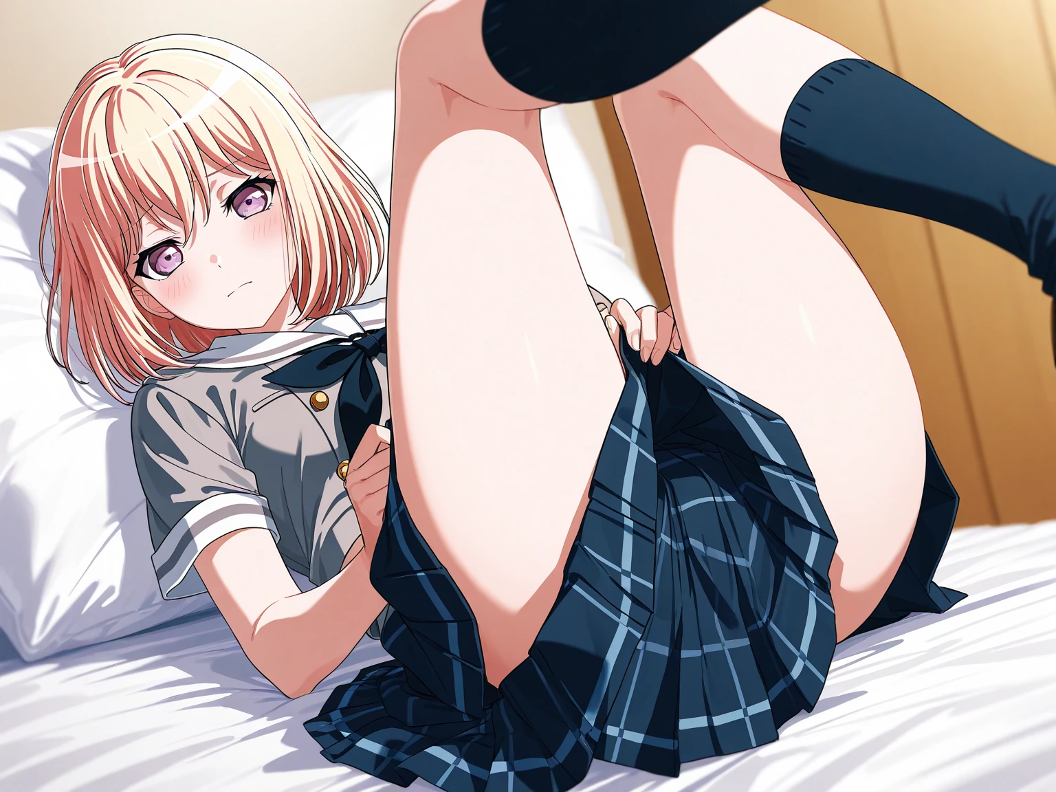 Close-up、(((blonde hair)))、(((vaginal sex))),((having sex)),((sexual position missionary))),wavy short hair、cute、summer:1.3、shirt:1.3、secretary、skirt(((Highest image quality、High resolution、masterpiece、one woman)))、((((embarrassing:1.3、)))、(((cute)))、Super delicate and cute girl with black hair、soio、16 years、8K Ultra High Definition、Delicate texture、short wavy Hair、flat chest、 ( skirt)))、(((Wear a white blouse)))、(((colored  socks))),((shoes))),,Plain clothe、spreading her legs,exposed panties,nsfw,middle breast,office room,lying down  on the desk,spreading legs open wide with knees bent,creating the shape of the letter M,(((detailed race white panties))),showing armpit,having sex,,penis insert,splash semen,closed eyes