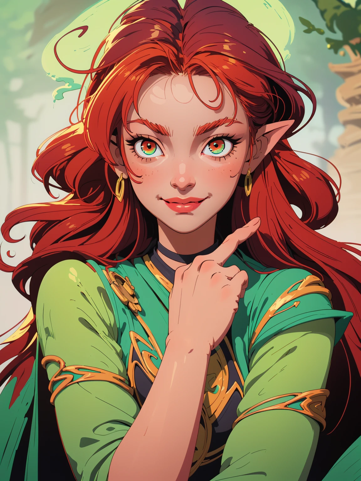 beautiful guy with long ginger hair, eyes emerald green, ears pierced with peridot studs, pink night aesthetic city background, looking forward, soft body, deep eyes