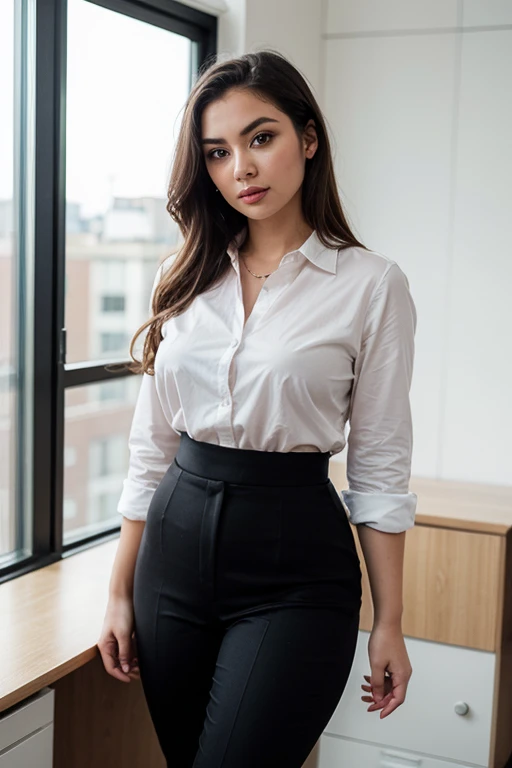 ((mejor calidad)), ((obra maestra)), (detallado), cara perfecta, 22 year old woman, en un salon de clases, vestida con ropa sport, plaid pants long sleeve blouse, con zapatos altos crema, esconder manos,  realista, gran detalle, real