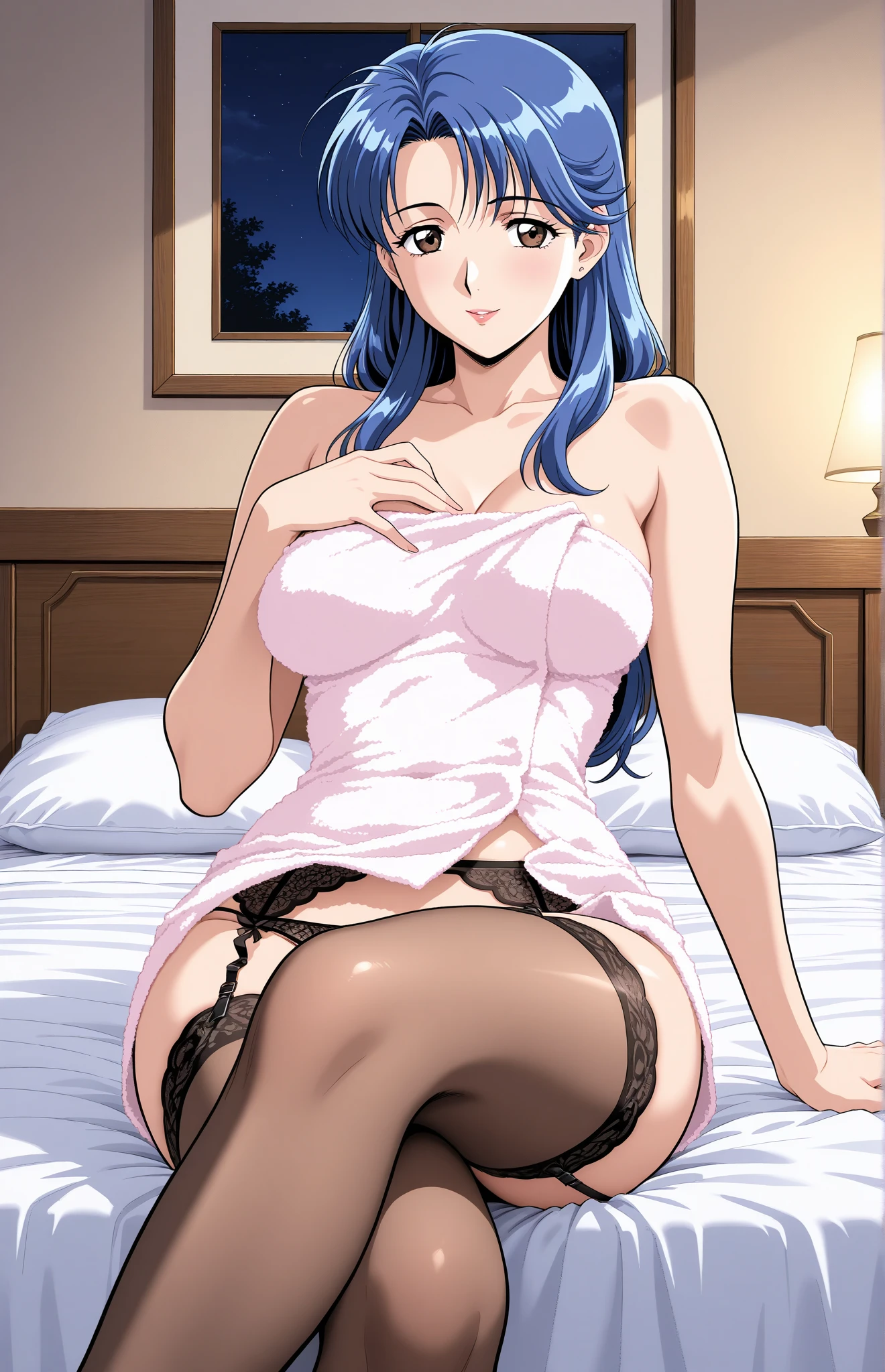 ((masterpiece, best quality, highest quality, ultra-detailed, 32K cg wallpaper, high resolution)),1 woman,dark blue hair,brown eye,long hair,earrings,huge breasts,orgasm,smile,saliva,parted lips,topless,bottomless,m legs, show off pussy,pov,lying on back, sweat,pussy juice,touch pussy,masterbation,on bed,nsfw