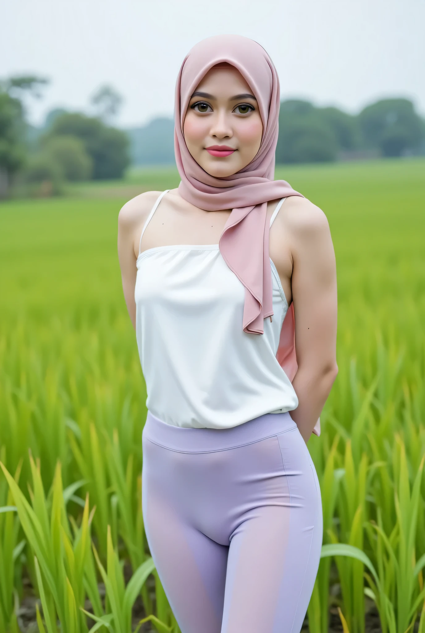 Just Front photo, wear a pastel translucent (periwinkle) leggings closed my center, Tetek besar melayut, hijab hijab hijab  hijab, (photorealistic:1.6), background rice paddy. daytime atmosphere, don't put any rope! flat chest!, duduk di atas kerusi kaca, hands behind back while legs astride,  view from  front, wearing Detailed Fully white satin silk tight dress, (Singlet ruffled)