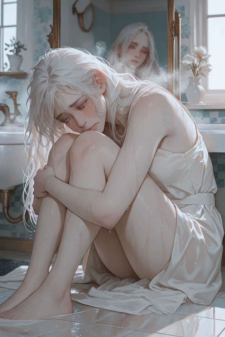 1girl, 45yearold woman, white small towel covering body, full body, coming after bath