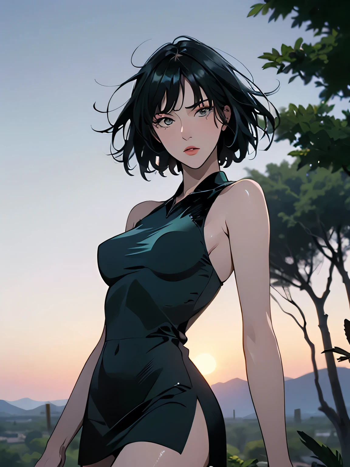 ((best quality, 8K, masterpiece :1.3)), whole body, Clear focus :1.2, Beautiful woman with perfect body :1.4, Slim abdominal muscles :1.2, ((Dark brown hair, Large Breasts :1.2)), Vest Dress :1.1, (City night scene, Modern balcony :1.1), Highly detailed face and skin textures, Delicate eyes, Double eyelids