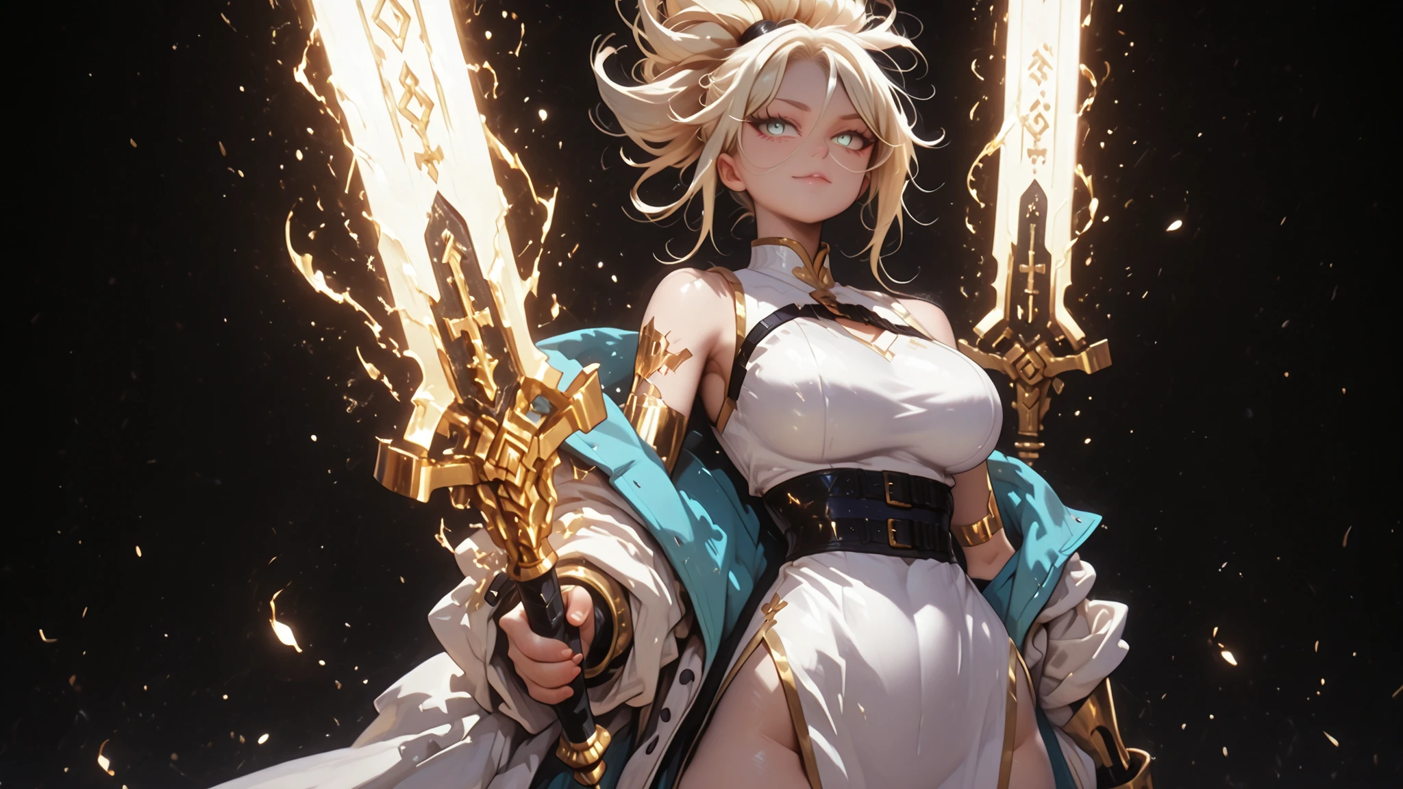 masterpiece, best quality, ultra-detailed, alone, a girl, 5'11", tall, blonde hair, slightly messy hair, long bangs, blue eyes, sadistic and confident expression, fair skin and youthful curves, white military coat (Dusk in the Arknights style) falling over her shoulders, white military coat with golden medals, exposed arms, wearing a long white Chinese dress with golden ornaments and cyberpunk design, sensual position, holding a black sword with a large and huge black blade, looking at the viewer, perfect , perfect hands, detailed face, detailed eyes, highly detailed hair, hair tied in a ponytail with the same design as Kefla's hair from Dragon Ball Super (but blonde), face like Sylpha Langlis from Tensei Shitara Dai Nana Ōji, silver-blue eyes, , wide , , Dusk in the Arknights style coat, coat falling down her arms, exposed shoulders,  smile, , , Wide , thin waist, black background, solo character, wearing a long white Chinese dress with golden ornaments and cyberpunk design, black hair with the same design as Kefla's hair in Dragon Ball Super, smiling confidently and sarcastically