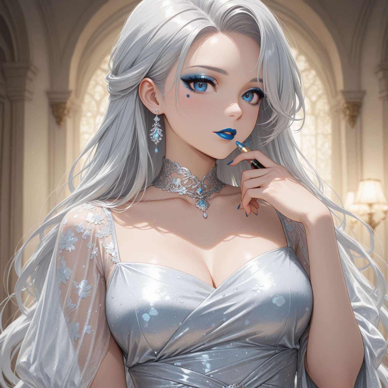 A beautiful young woman, 1girl, hourglass figure, seductive pose, wearing jujutsu kaisen strapless dress, silky blunt white hair, heavy silver jhumka earrings, necklace ,cleavage, detailed face with stunning eyes, full lips, flawless makeup, dark cinematic lighting, dramatic photorealistic effect, masterpiece-level 8K rendering, ultra-detailed, realistic, photo-realistic, HDR, UHD, studio lighting, ultra-fine painting, sharp focus, physically-based rendering, extreme detail description, professional, vivid colors, bokeh, face makeup