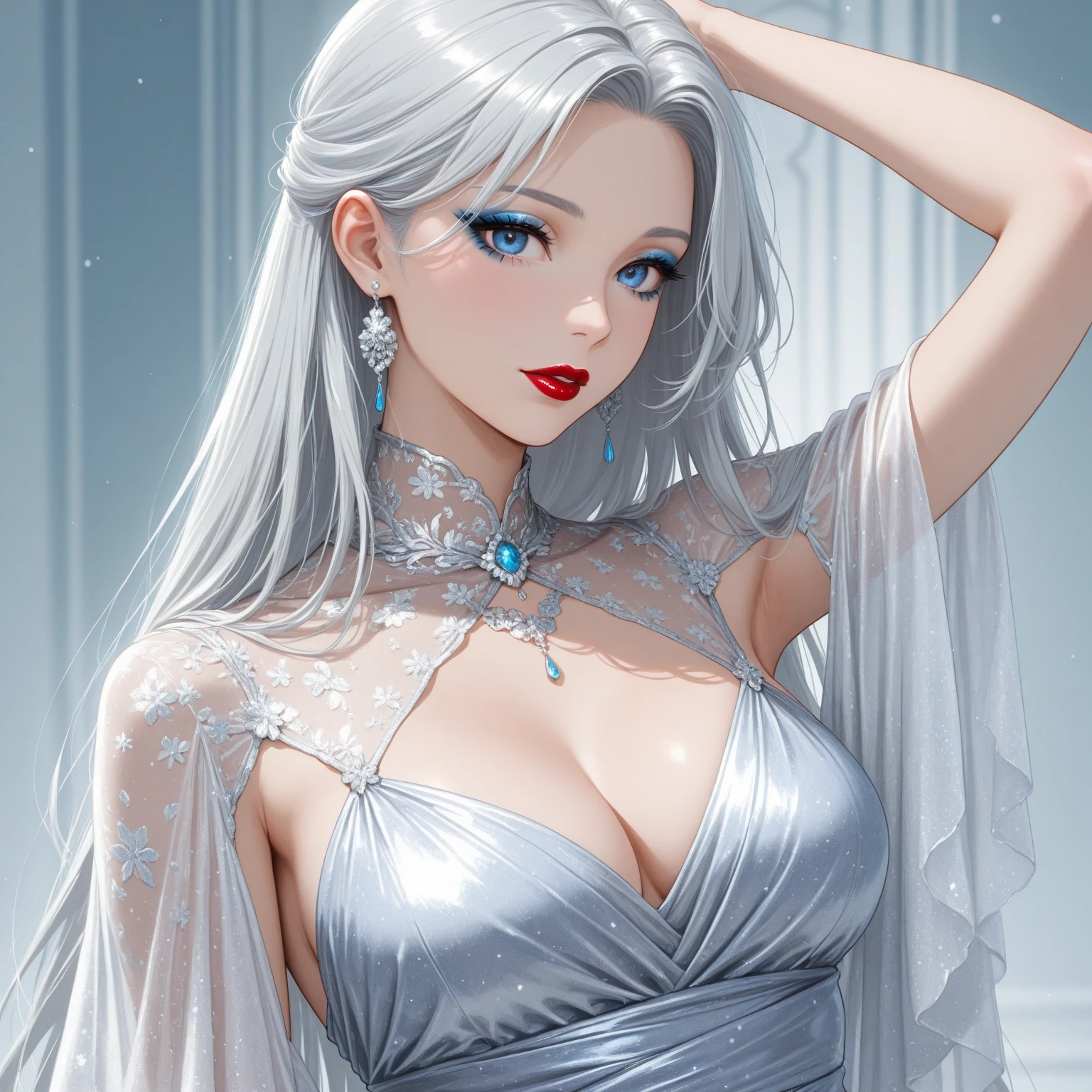 (1 mature ice queen ,wavy blunt silky white hair , crystal full sleeve white blouse, crystal embedded saree, big long crystal earrings, detailed alluring blue eyes, smooth detailed lips, beautiful face, smiling, red lipstick, navel, bangles, saggy breasts, photorealistic, 8k, hyperdetailed, vibrant colors, studio lighting, masterpiece, cinematic composition, dramatic lighting, intricate details, highly realistic skin textures, volumetric lighting, beautiful intricate jewelry, warm color palette, natural lighting, elegant pose, beautiful detailed expression, hyper realistic rendering, seamless blending, flawless skin, glowing skin, delicate features, breathtaking realism, striking composition),tall , necklace, bangles ,full body view