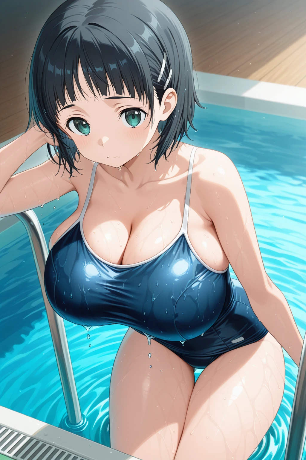 beautiful girl、high school girl、Back view、Wet black hair、Shy expression、blush、Navy blue school swimsuit、big breast body shape、Very huge bust、Japan School Pool、Water Drop、Wet Skin、Wet swimsuit