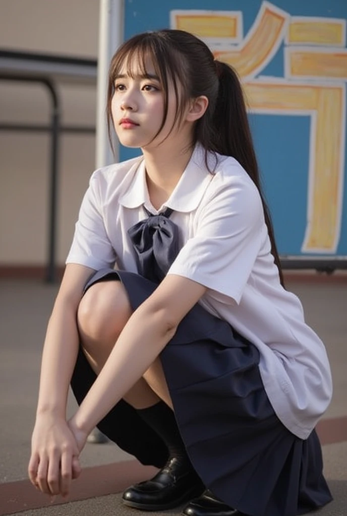 A 16-year-old high school girl with long black hair and wearing a school uniform is squatting down with tears streaming down her face.