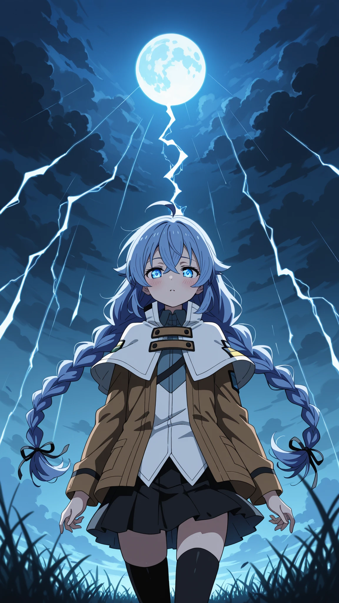 BREAK (masterpiece:1.2), best quality, high resolution, unity 8k wallpaper, (illustration:0.8), (beautiful detailed eyes:1.6),wide open field under a massive glowing full moon, dark swirling storm clouds in the sky, tall grass bending in strong wind, tension in the atmosphere, distant lightning behind clouds, dramatic and surreal lighting, high contrast shadows, cinematic scenery,roxy, ahoge, black ribbon, blue eyes, blue hair, braid, hair between eyes, hair ribbon, long hair, twin braids, very long hair,,black legwear, black skirt, capelet, jacket, brown jacket, long sleeves, miniskirt, open clothes, open jacket, pleated skirt, skirt, white capelet, white footwear, white jacket,,blush, seductive expression,floating hair,looking at viewer,cowboy shot,