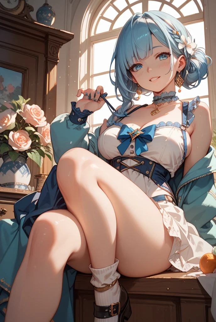 (Masterpiece, Best quality, Ultra-detailed, A high resolution), Perfect face, side-lighting, Glossy glossy skin, 裸露的女 ，Masturbation， light blues，Masturbation，with no underpants，Revelation，legs separated， Lateral breast exposure， Chest exposure， Scratches， Vaginal opening， Revelation ，Vaginal opening， legs separated，Scratches，with no underpants，Revelation，The vaginal opening is exposed，Vaginal opening valgus，Scratches，Masturbation，masturbated，masturbated ，The vaginal opening is visible，，
eBlue eyes , High heels， hair adornments, bangs, Light blue hair, Butterfly hair ornaments, Kamisato, Kamiasto ayaka \(heytea\),