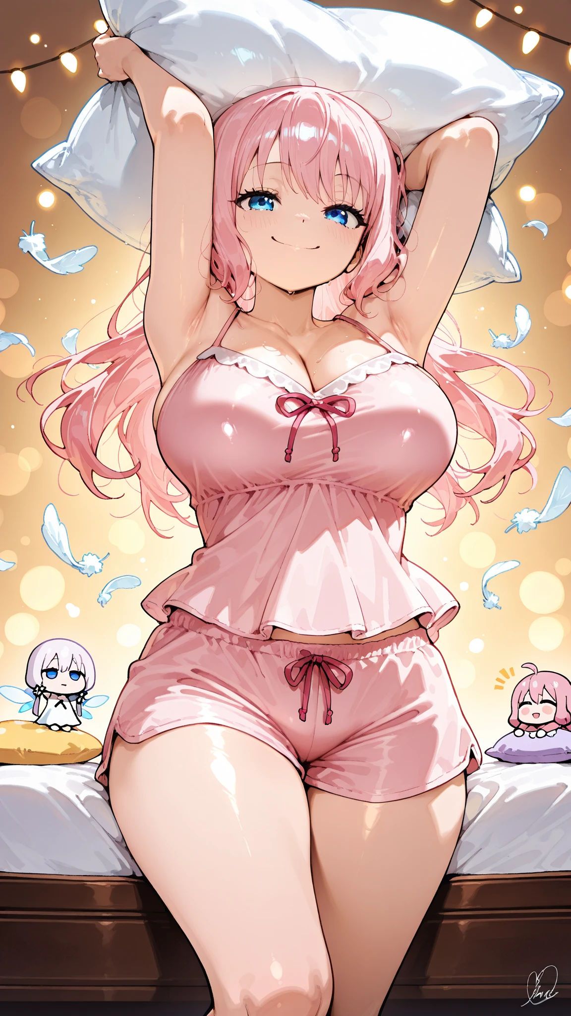 nsfw,,1 person,Sweat,White Breath,solo,one piece,Perona,パンツVoyeur,bed,Voyeur,Legs spread in M shape,Pink Hair