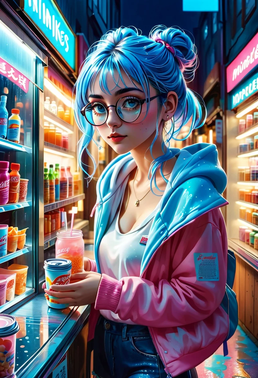 A Midnight Encounter at the Register In the heart of a quiet city, a small convenience store glows softly at midnight, its neon sign casting gentle blue and pink hues onto rain-slicked pavement. Inside, the shelves are lined with colorful snacks and drinks, their packaging catching the light. At the register stands a young woman with silver hair in a messy bun, wearing a faded hoodie and round glasses, her expression both tired and kind. She leans on the counter, absently flipping through a well-worn paperback novel. Behind her, a wall of refrigerated drinks hums quietly, and a small radio plays lo-fi music. Outside the glass doors, the empty street reflects the store’s light, hinting at the solitude of the hour. The atmosphere is serene, slightly melancholic, and full of quiet stories waiting to unfold.