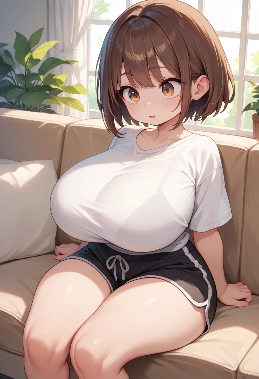 1girl, solo, shortstack, huge breasts, thick thighs, straight hair, short hair, brown hair, white shirt, sleeveless, black skirt, sitting, sofa, indoors, shock