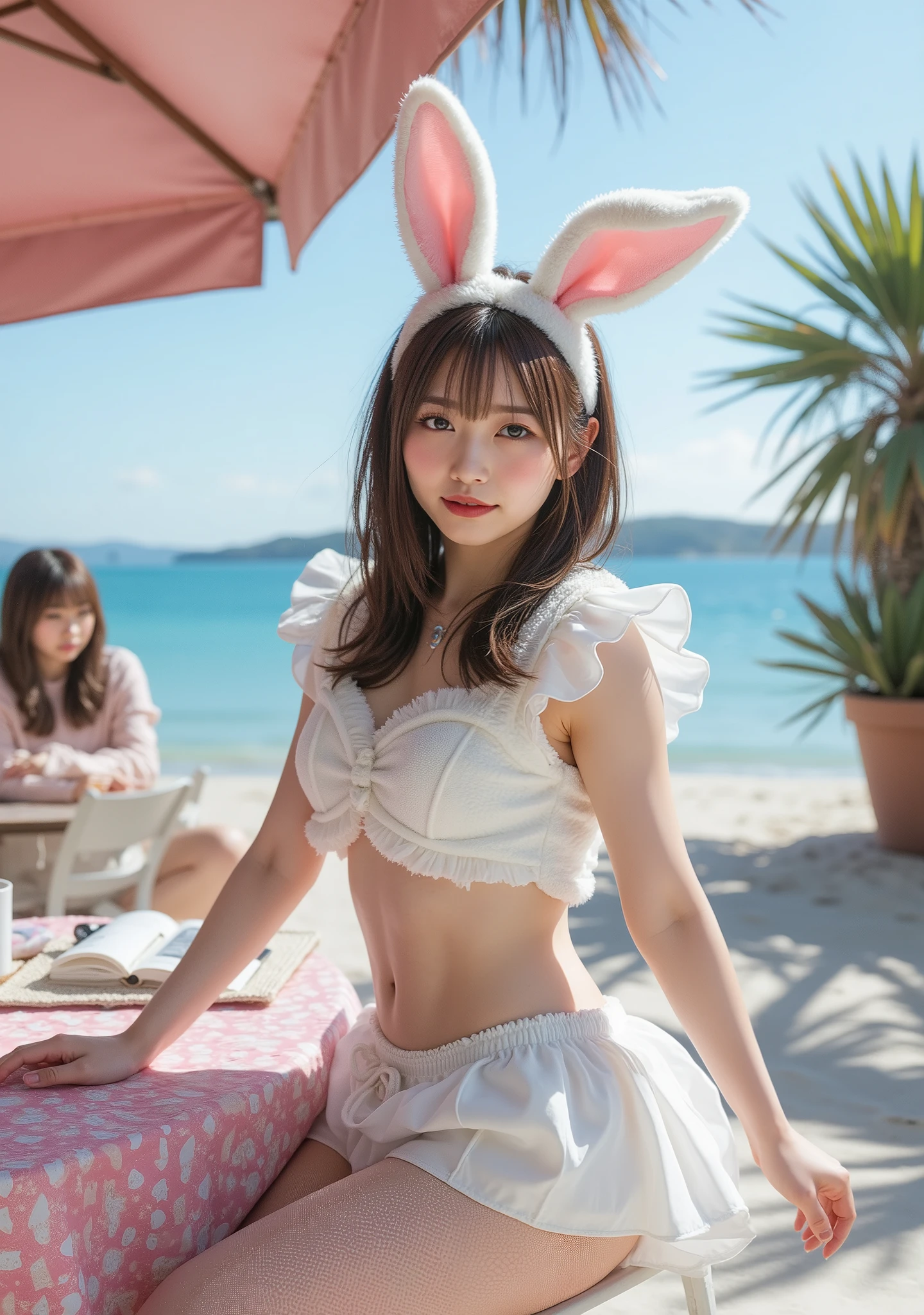 Woman in white stockings and heels,young and cute girl, wearing in stocking,Sexy Girl, Lovely woman, pantyhose, 8K,top-quality、超A high resolution、女の子1人、(huge-breasted:1.2)、colourful hair, White Bunny Girl, Putting rabbit ears on the head,Photo,Live action,japanes,独奏,Beautiful expression,a smile,The background is the sea,Have one white rabbit,Lying on the beach