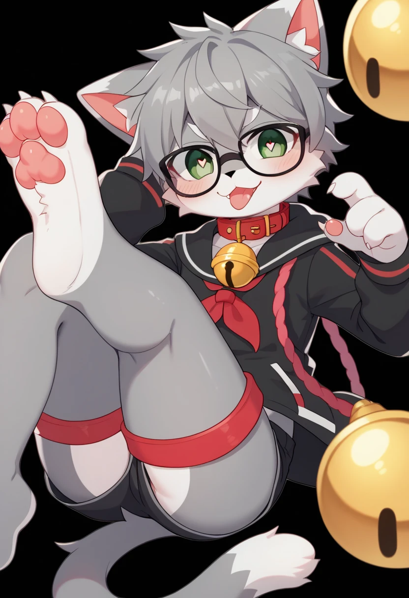 Furry, Furry dragon (anthro), cute fur, eyes black, god of eyes, gray witch hat with black bow, fur all over belly and thigh, artwork, detailded, Perfect artwork, (VOLUMOUS WHITE fur ON THE NECK), White dragon's tail, Kemono, wearing glasses without rounded lenses, cute thighs, shiny thigh, gray striped silk socks, and black, black and gray striped silk gloves, detailed crotch, no clothing, dragon horns, Cute pose, sitting on legs