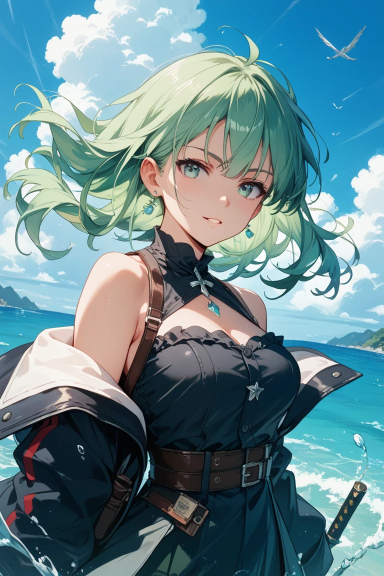 brown or black skin body, Long sea foam green color hair, sea foam color eyes, black top, black belt, with sea foam color skirt on front, and black gloves. Green magic coming out of hands, Arms reveal, Belly reveal, revealing legs, revealing thighs.