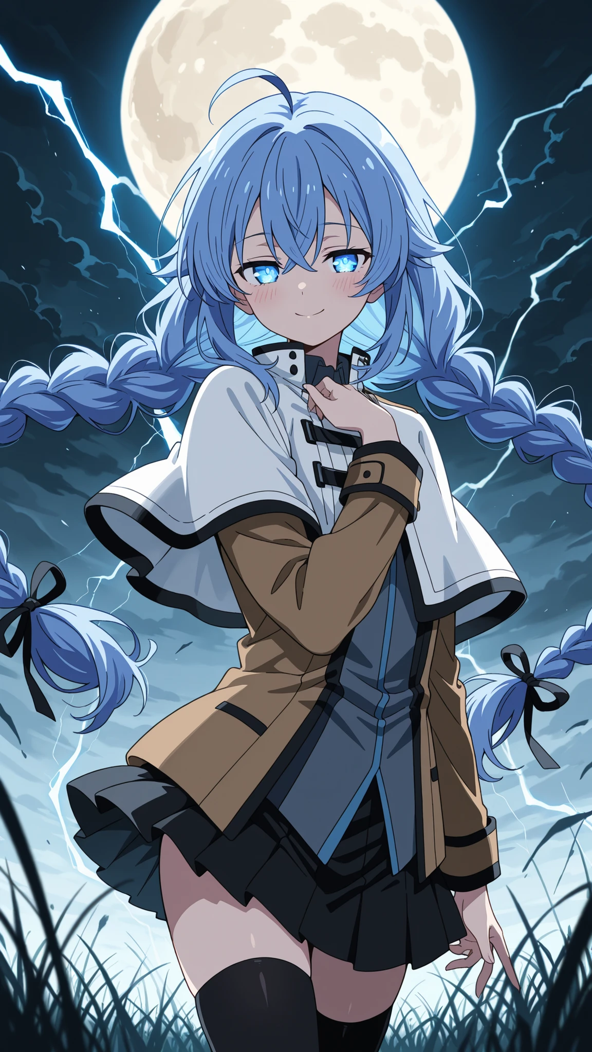 BREAK (masterpiece:1.2), best quality, high resolution, unity 8k wallpaper, (illustration:0.8), (beautiful detailed eyes:1.6),wide open field under a massive glowing full moon, dark swirling storm clouds in the sky, tall grass bending in strong wind, tension in the atmosphere, distant lightning behind clouds, dramatic and surreal lighting, high contrast shadows, cinematic scenery,roxy, ahoge, black ribbon, blue eyes, blue hair, braid, hair between eyes, hair ribbon, long hair, twin braids, very long hair,,black legwear, black skirt, capelet, jacket, brown jacket, long sleeves, miniskirt, open clothes, open jacket, pleated skirt, skirt, white capelet, white footwear, white jacket,,blush, seductive expression,floating hair,looking at viewer,cowboy shot,smile,sexy pose,arched back