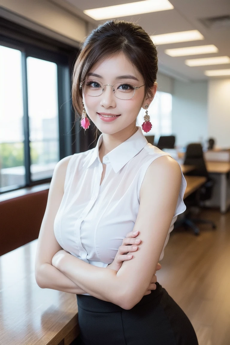 Generate realistic images of professional businesswomen in a modern office environment。Smooth, shoulder-length dark brown hair with subtle highlights、She wears stylish glasses with thin frames.。She was wearing a fitted, sleeveless grey wrap dress.、She accessorizes with gold earrings and a matching watch.。Holding a brown clipboard on his chest、A warm and confident smile。The bust is small。In the background、Natural light coming in through large windows、Modern Office Furniture、And you'll see a clean and organized workspace.。Photos from above the knees